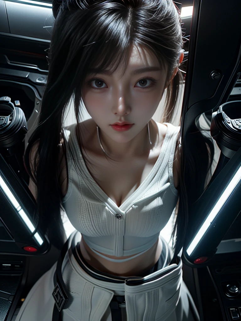  masterpiece ,Game Art,Best picture quality, Highest resolution ,8K,(),(portrait),(Close-up head),(Rule of Thirds), Unreal Engine 5 rendering ,
20-year-old girl,Short hair details,Long bangs,(White hair),Red Eyes,Elegant and noble ,(Large target,  plump chest ),(Wearing a white coat,Red suspender bra), close your mouth ,Serious yet charming,(scholar),Photo poses,Sci-fi style laboratory,White Room,
 movie lights ， ray tracing，Game CG，(([3D Unreal Engine))，OC rendering reflection pattern