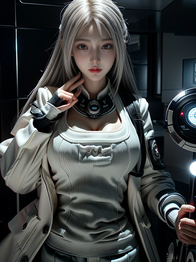  masterpiece ,Game Art,Best picture quality, Highest resolution ,8K,(),(portrait),(Close-up head),(Rule of Thirds), Unreal Engine 5 rendering ,
20-year-old girl,Short hair details,Long bangs,(White hair),Red Eyes,Elegant and noble ,(Large target,  plump chest ),(Wearing a white coat,Red suspender bra), close your mouth ,Serious yet charming,(scholar),Photo poses,Sci-fi style laboratory,White Room,
 movie lights ， ray tracing，Game CG，(([3D Unreal Engine))，OC rendering reflection pattern