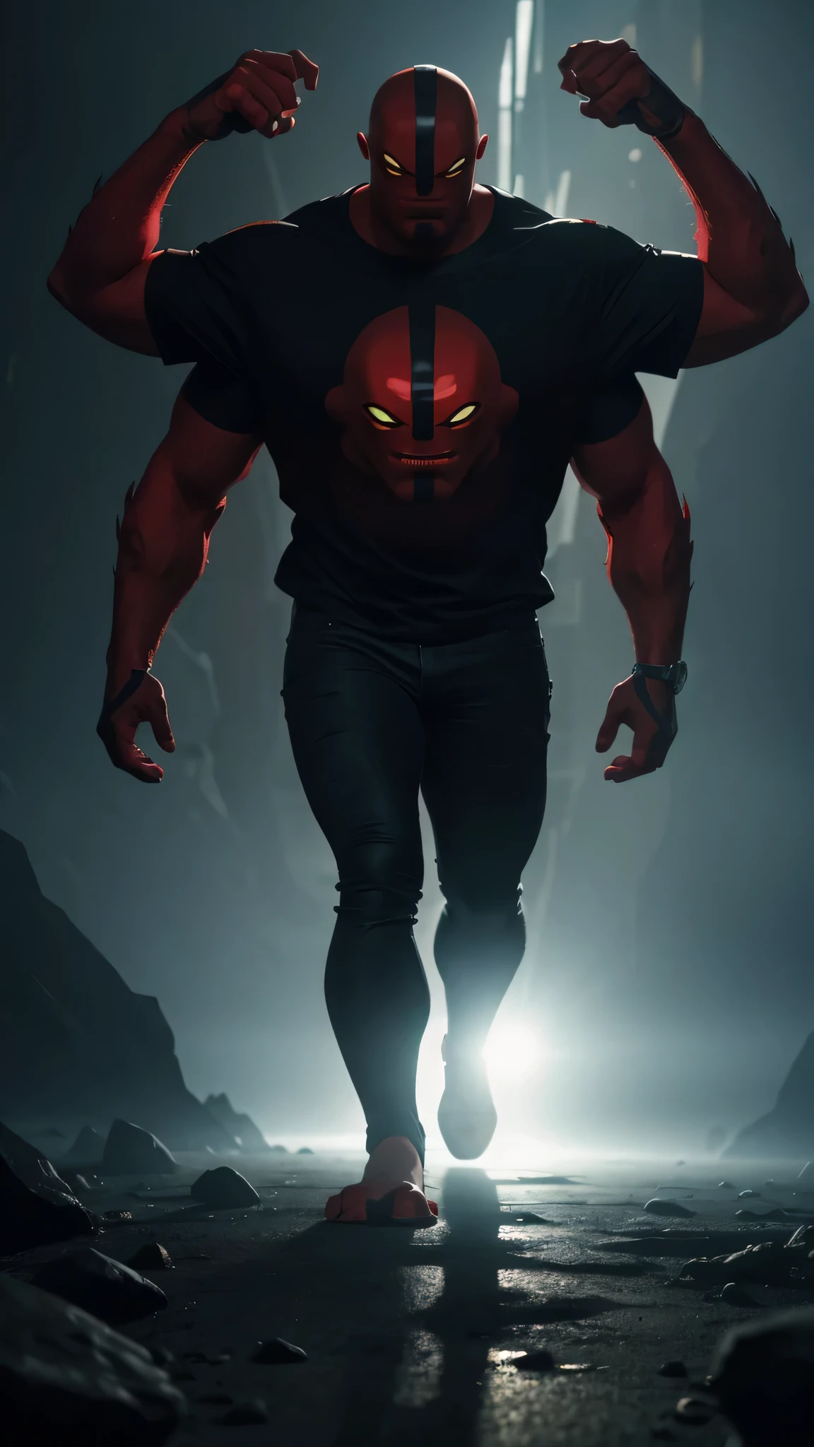 a giant red alien with four arms, four eyes, wearing wight t-shirt, extremely detailed, highly realistic, high resolution, photorealistic, 8k, masterpiece, surreal, dark fantasy, chiaroscuro lighting, moody atmosphere, cinematic, dramatic