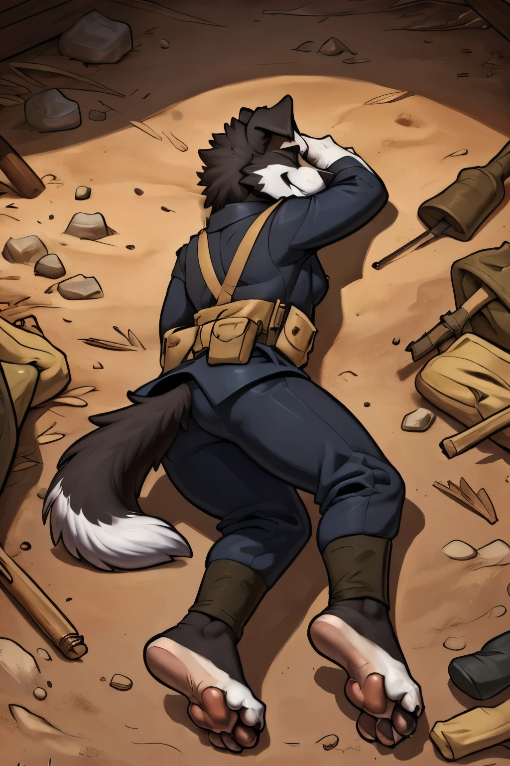 (ultra quality):1.4, color, smooth comics style, (by takemoto arashi, by meesh, by Taran Fiddler), solo:1, (defeat)) ((blackfeetsoles)) ((black feetsoles)) ((knockout face)) did a border collie in the egnlish soldier uniform without shoes. He is dead in the trench, lying on the back, closed eyes, tonque stuck out of the mounth, defeated on the floor after a fight, exhausted, closed eyes, tonque out of the mounth , ((feet focus)) fluffy tail. Battlefield (uniform english world war 1)) ((world war 1)) ((ww1)) ((white legs)) ((black pawpads)) (four toes) 4toes, 5finger ((floppy ears)) ((Border collie)) (white pawsole) (feral feet) (additional paws from hidden characters that you can't see)  
