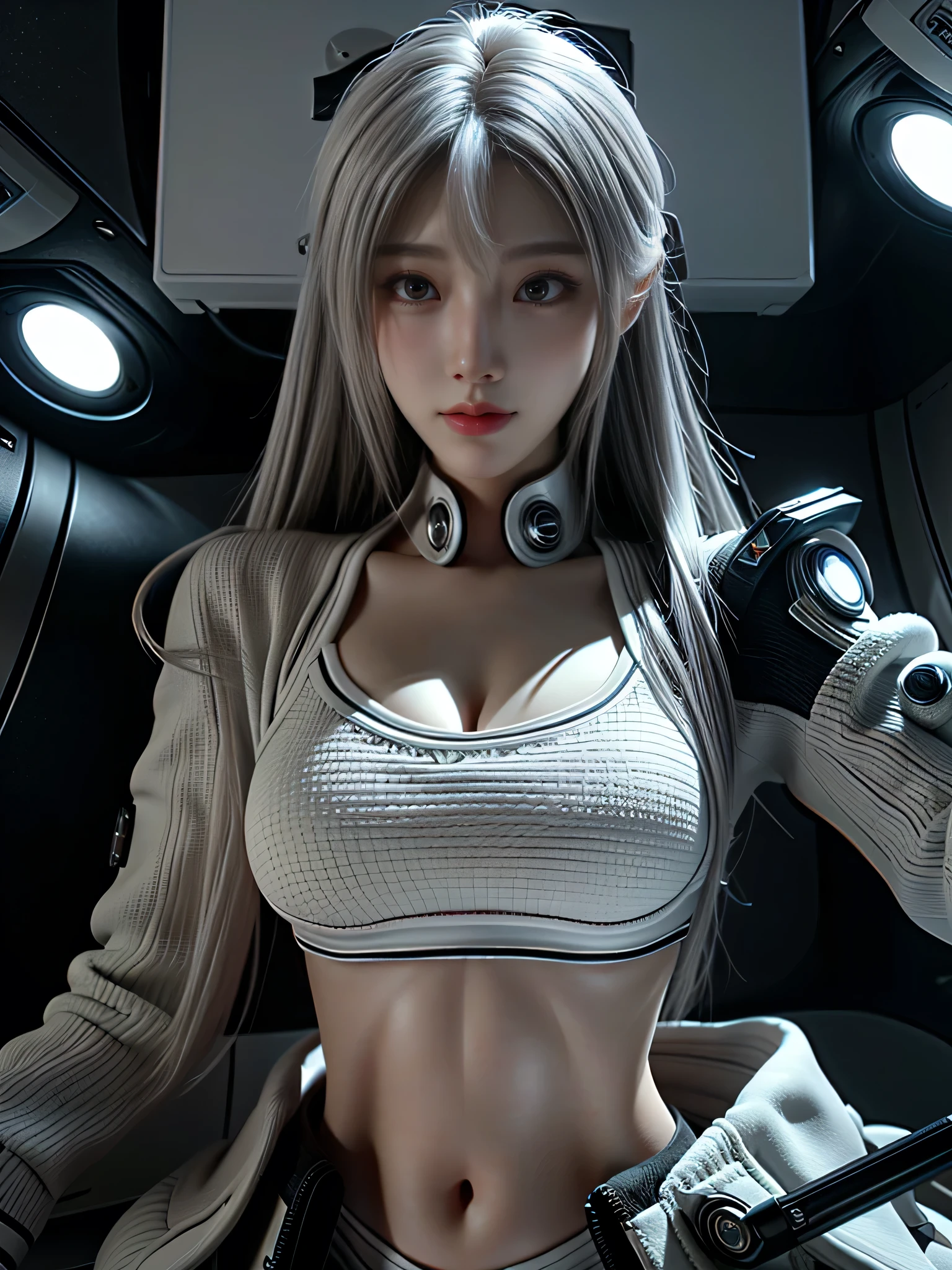  masterpiece ,Game Art,Best picture quality, Highest resolution ,8K,(),(portrait),(Close-up head),(Rule of Thirds), Unreal Engine 5 rendering ,
20-year-old girl,Short hair details,Long bangs,(White hair),Red Eyes,Elegant and noble ,(Large target,  plump chest ),(Wearing a white coat,Red suspender bra), close your mouth ,Serious yet charming,(scholar),Photo poses,Sci-fi style laboratory,White Room,
 movie lights ， ray tracing，Game CG，(([3D Unreal Engine))，OC rendering reflection pattern