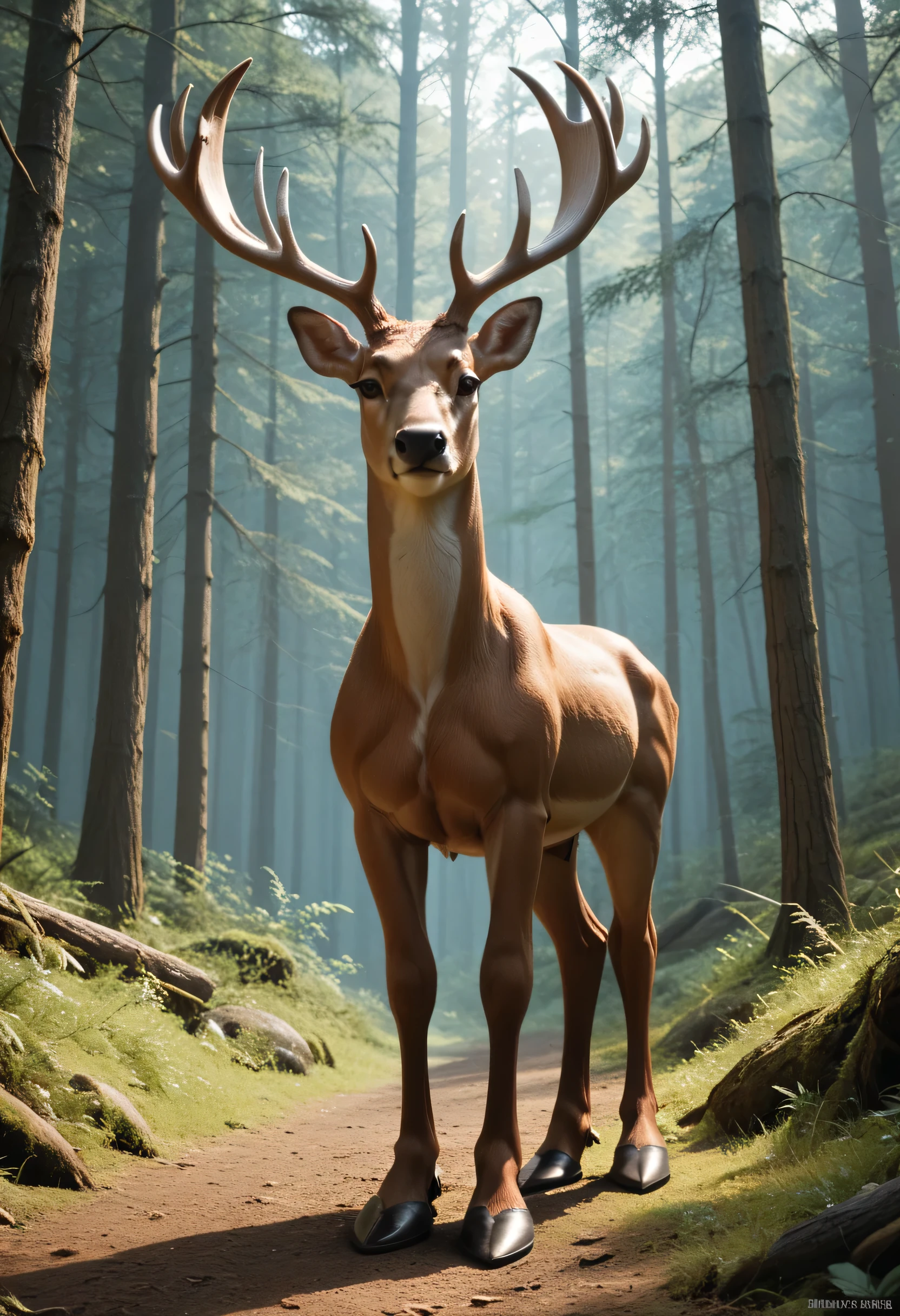 A male deer wearing cowboy boots standing in the woods. A large hawk is standing on the deers back.