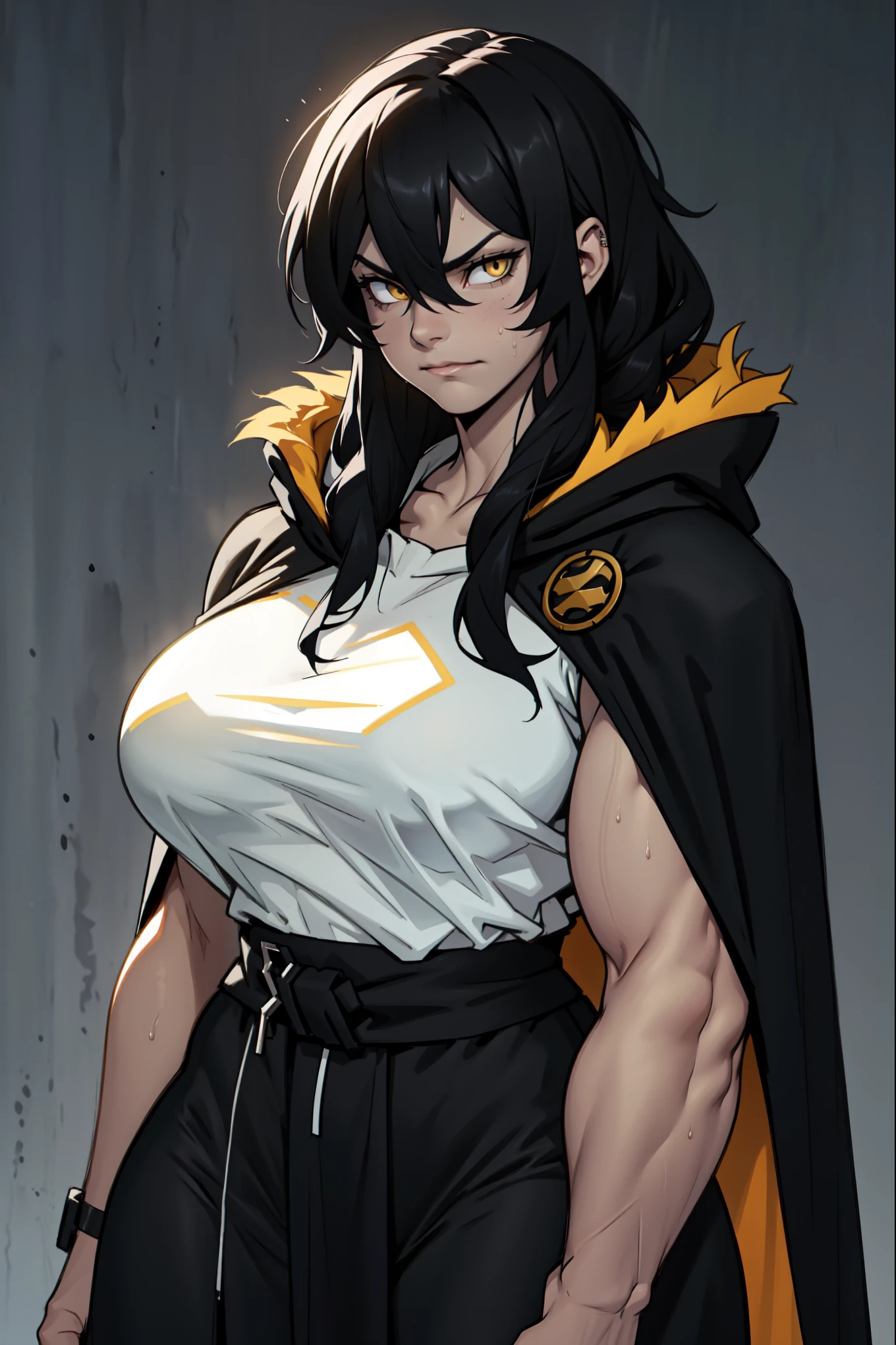 (((((1 girl, female))))) angry very long hair pale skin black hair yellow eye ((((muscular toned body)))) solo