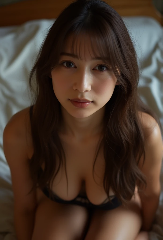 A close-up view of a young East-Asian woman with long brown hair, kneeling on her knees, looking up at the camera with a erotic expression, delicate features, wearing a black lace top, natural lighting with soft shadows, creating a warm and extreme intimate atmosphere.in Hotel room, night,