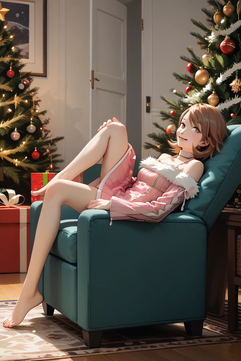 score_9, score_8_up, score_7_up, score_6_up BREAK  1girl, solo, yukariwinter, pink dress, ribbed sweater, fur trim, off shoulder, white choker, bare shoulders, on back, barefoot, full body, living room,  christmas tree, happy, armchair, side view