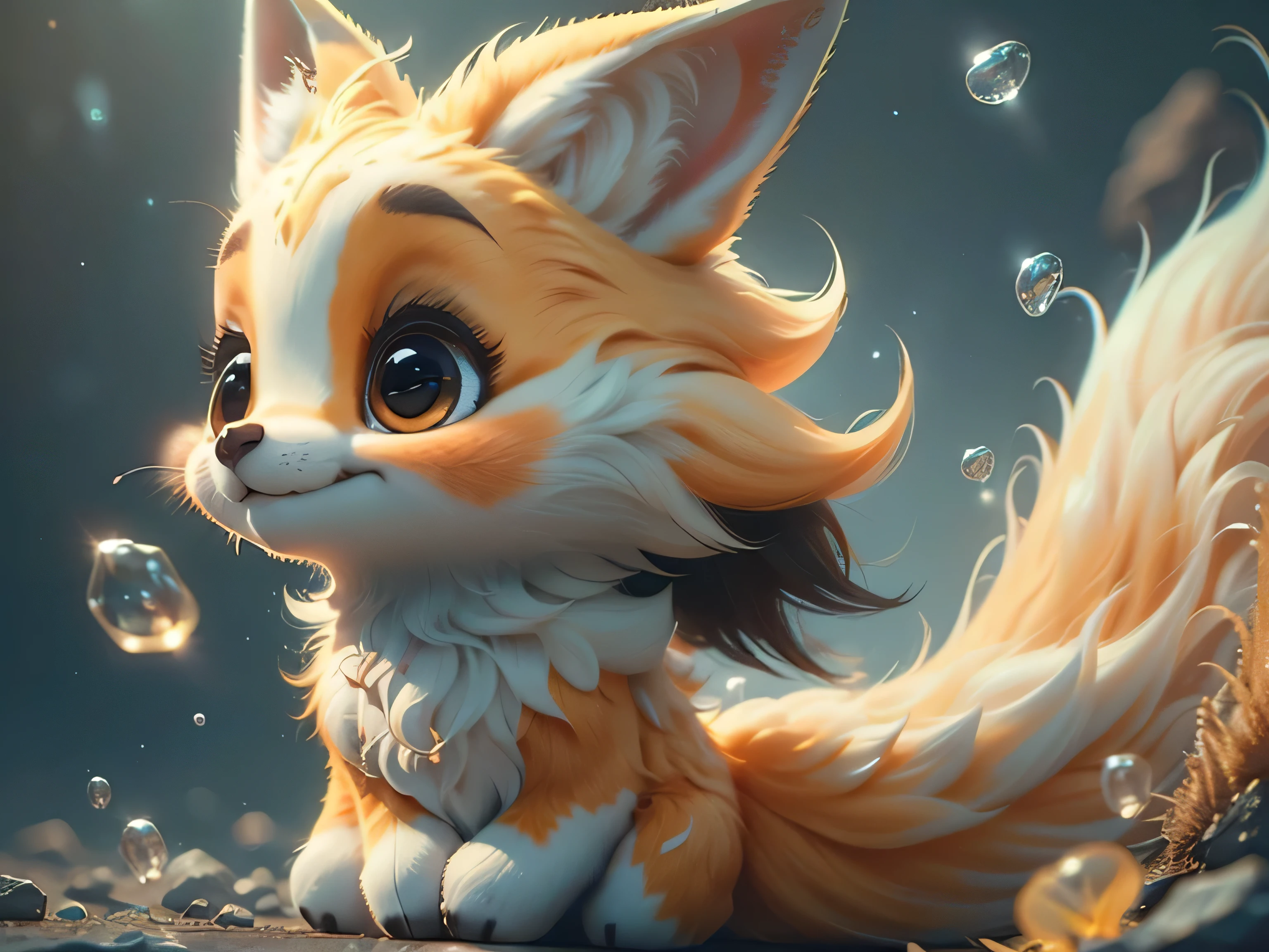 Magical Fantasy Creature, (Best Quality, Masterpiece, Representative Work, Official Art, Professional, Ultra Fine Detail, 8k:1.3), (Photorealism:1.2), Fox Spirit, Super Cute, Big Eyes, Soft, Delicate Nose, Fluffy, Two-Toothed Smile, Cute Fennec Fox Ghost, Realistic, Beautiful, Sparkling, Stars in Eyes, Star Pearl, Fox Lights, Soft Volumetric Light, (Backlight:1.3), (Cinematic:1.2), Intricate Details, (ArtStation:1.3), --auto --s2