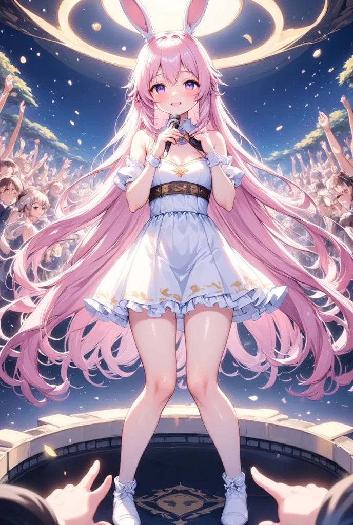   Illustration of a scene where idol singers sing enthusiastically on a live stage .  She has rabbit ears and pink fluffy hair  .   wears white clothes with a miniskirt and boots  .  She sings with a microphone in the center of the stage  .   Fans gather around the stage to sing and dance together . The venue is filled with enthusiasm .