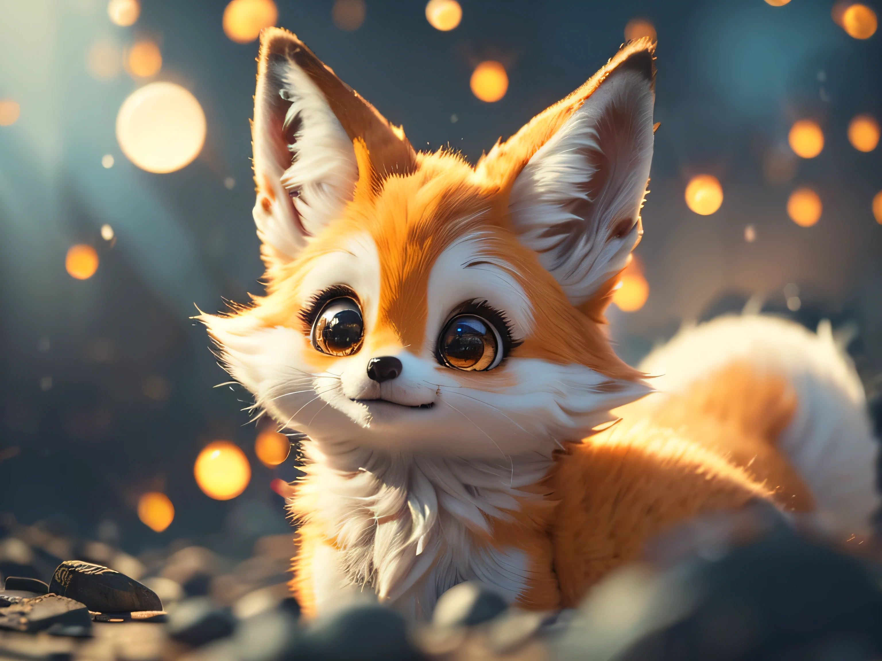 Magical Fantasy Creature, (Best Quality, Masterpiece, Representative Work, Official Art, Professional, Ultra Fine Detail, 8k:1.3), (Photorealism:1.2), Fox Spirit, Super Cute, Big Eyes, Soft, Delicate Nose, Fluffy, Two-Toothed Smile, Cute Fennec Fox Ghost, Realistic, Beautiful, Sparkling, Stars in Eyes, Star Pearl, Fox Lights, Soft Volumetric Light, (Backlight:1.3), (Cinematic:1.2), Intricate Details, (ArtStation:1.3), --auto --s2