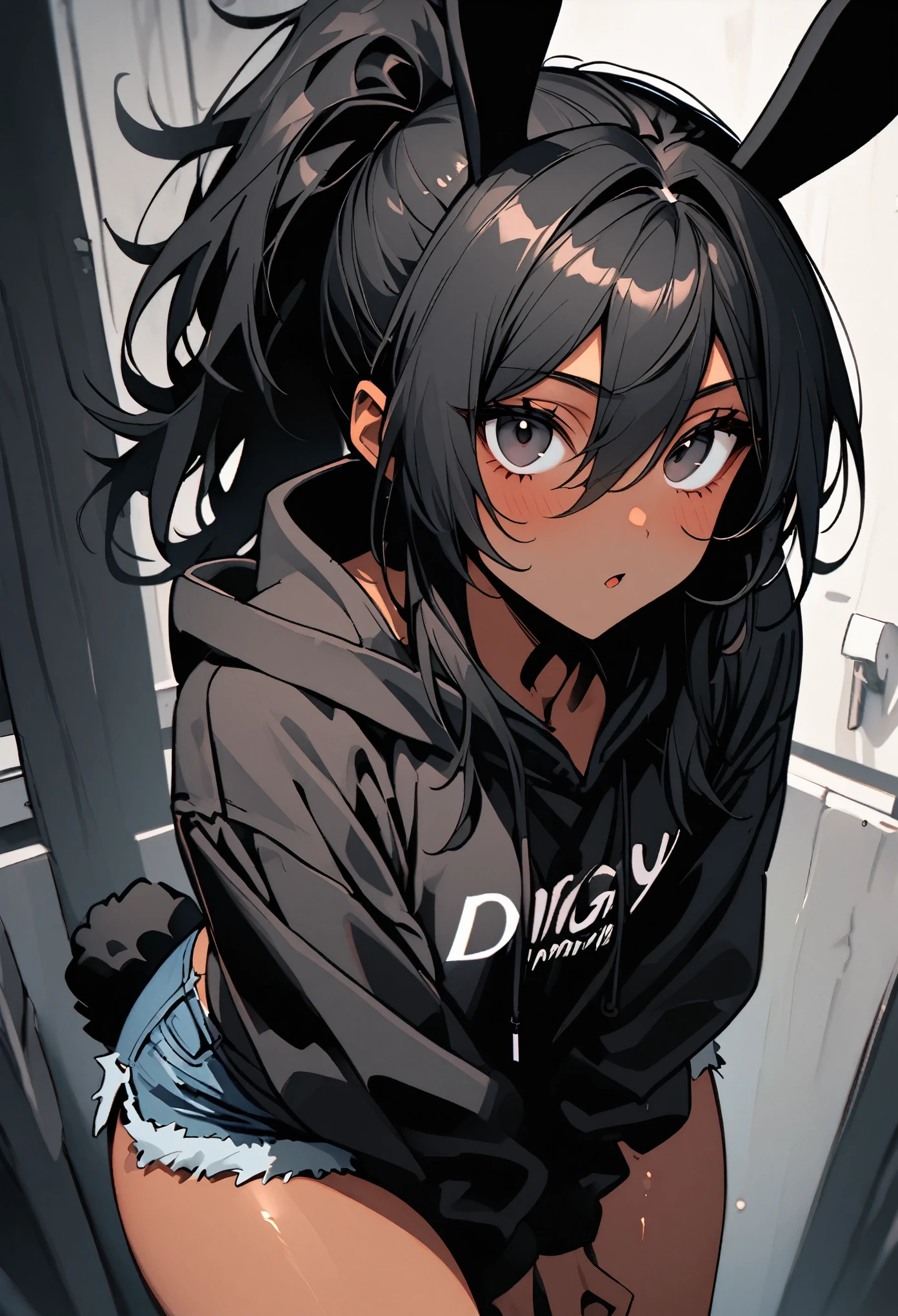 solo, male:1.1, femboy, dark skin, long hair, ponytail, black hair, black eyes, oversized hoodie, denim shorts, close up, black rabbit ears, shapely thighs, fluffy black rabbit tail:0.9, cowboy shot, close up, tall, thick thighs:0.3, looking at viewer, looking up:0.4, broad shoulders, dingy bar, drinking