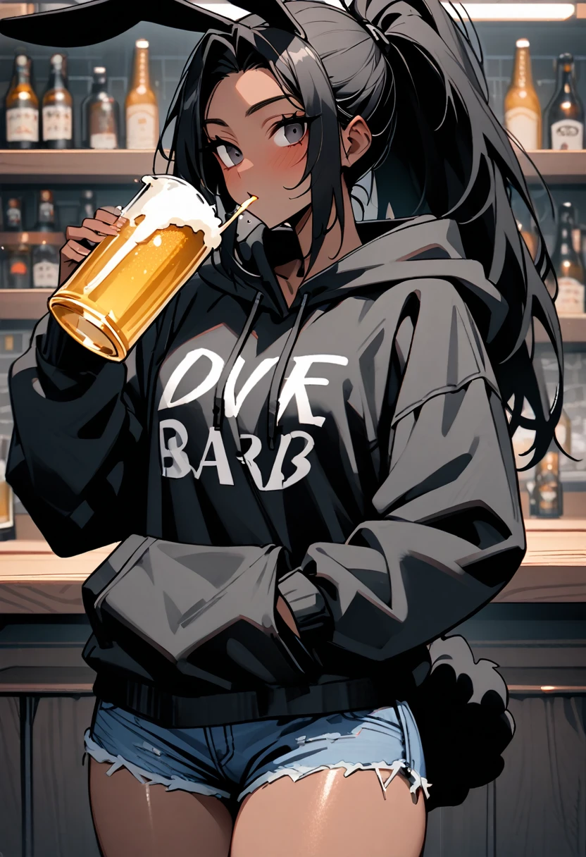 solo, male:1.1, femboy, dark skin, long hair, ponytail, black hair, black eyes, oversized hoodie, denim shorts, close up, black rabbit ears, shapely thighs, fluffy black rabbit tail:0.9, cowboy shot, close up, tall, thick thighs:0.3, looking at viewer, broad shoulders, dive bar, drinking, beer, drunk, 