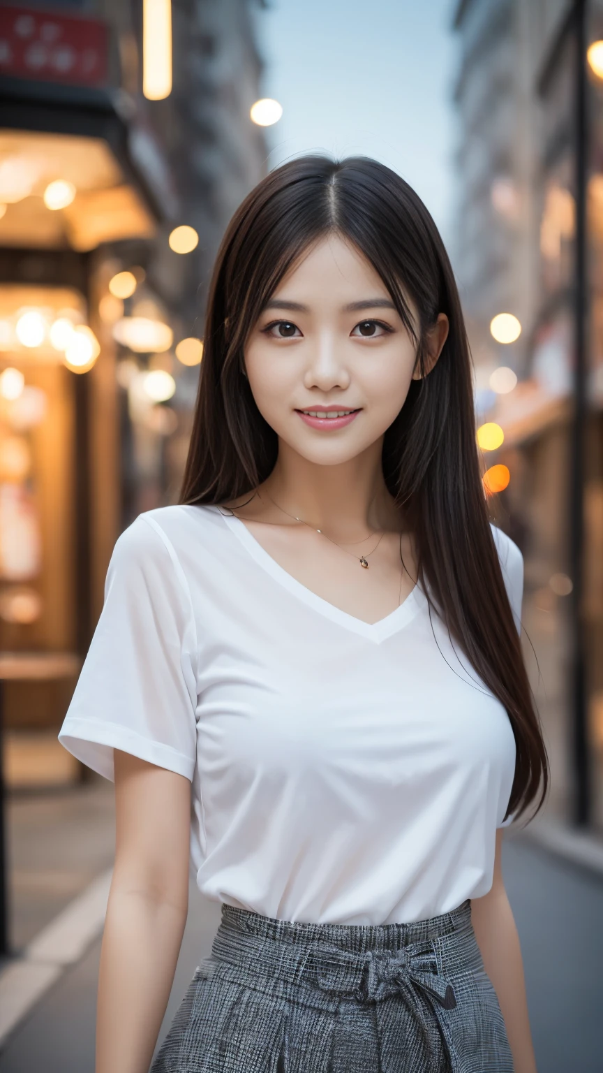 a gorgeous lady, age 22, in a white T-shirt and black mini-skirt, standing under night sky, dimpled smile, short ponytail, in a natural pose, photorealistic, beautiful detailed eyes, ample round bosom, hyper-realism, high contrast, ultra HD, realistic skin textures, top image quality, top-quality, super high resolution, fine details, very meticulously, bokeh background