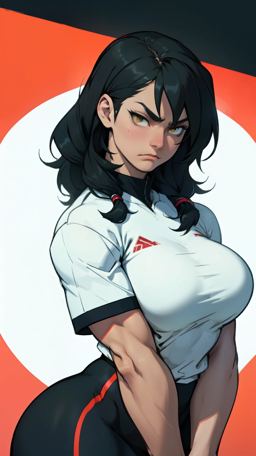 gym background、Super detailed illustrations、angry expression、masterpiece、highest quality、ultra high resolution、high resolution、(Sweat、body fluid)、shiny skin、black hair、very short hair、color red eyes、white croptop turtleneck、sleeveless、Standing picture、hot pants、put hands behind head, armpits, armpits visible, very large breasts, looking at viewer