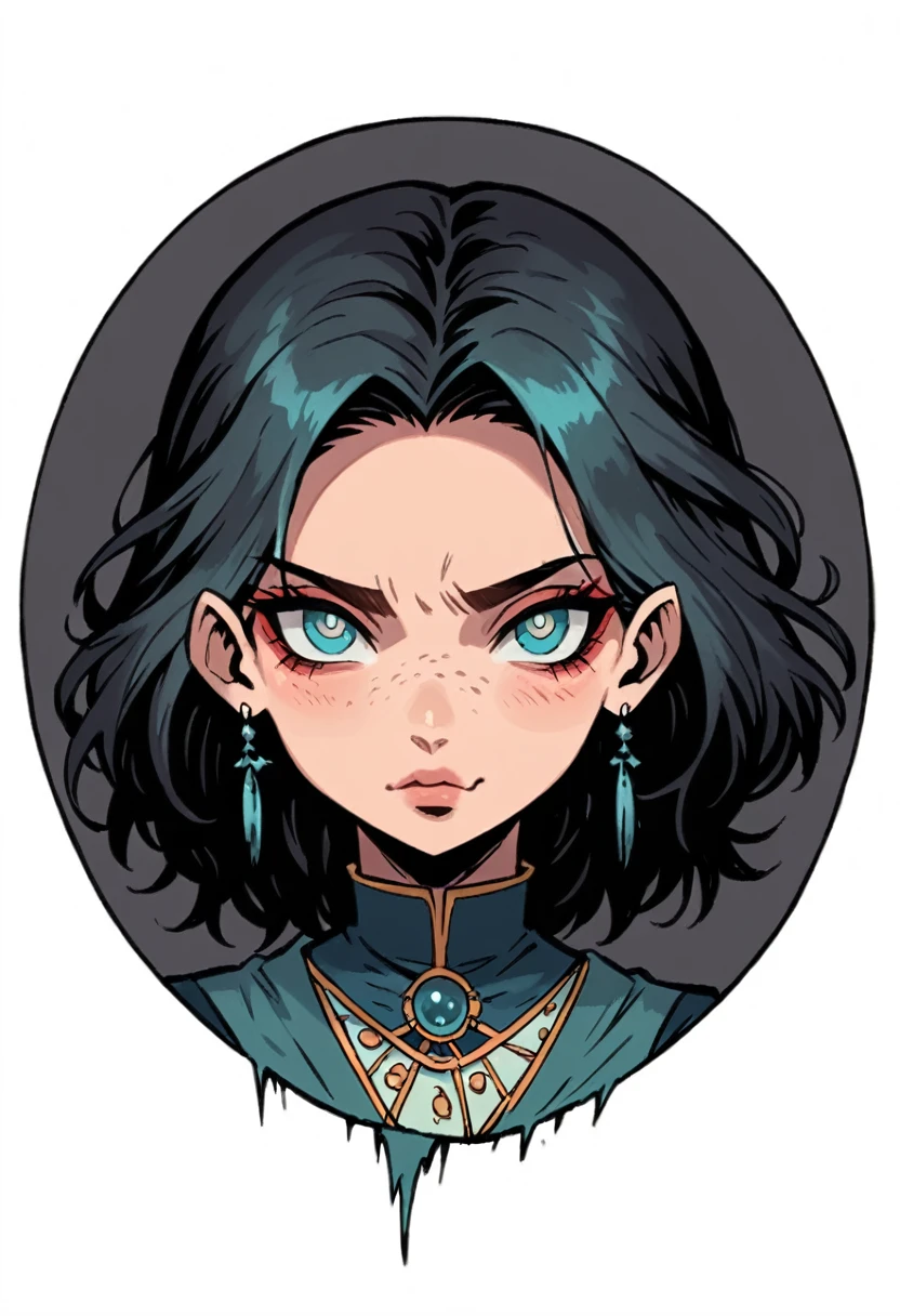 A unique, stylized manga artwork of a young woman with dark hair that has a subtle blue tint, parted in the middle and framing her face with a modern and bold look. Her thick, well-defined, slightly arched eyebrows give her a strong expression, complementing her large, light-colored eyes with long lashes and dramatic eyeliner for an intense gaze. She has a soft, oval-shaped face with subtle cheekbones, a delicate nose sprinkled with small freckles, and full rosy lips with the top lip slightly thinner than the bottom. The style incorporates a fresh, original aesthetic with an alternative, slightly edgy look, highlighting her serene yet striking personality in a visually distinct, manga-inspired art style. Whimsical