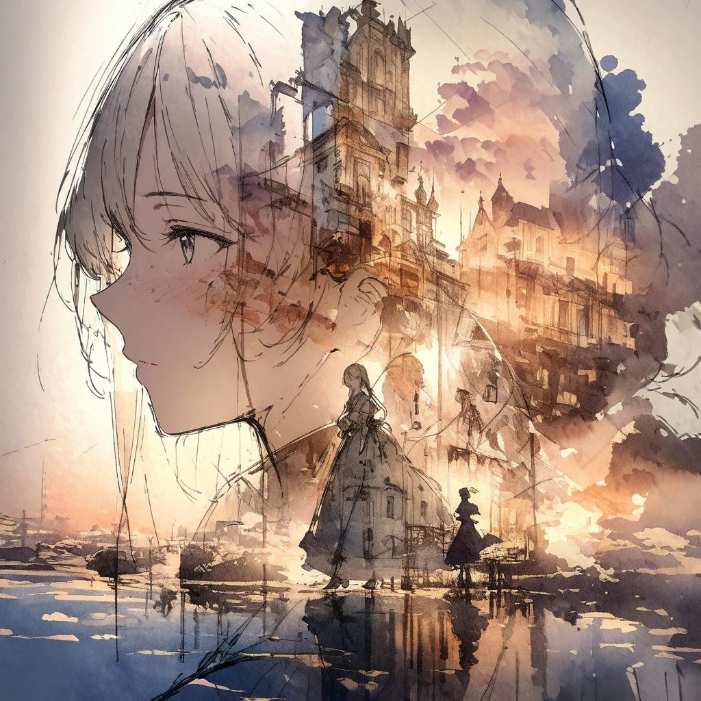 ((sketch:1.5)), ((watercolor:1)), Double Exposure of a Beautiful and Delicate Woman (The face is clear and perfect)image，Background、 Perfect Ultra Detailed Victorian Scenery , beautiful,  complicated illustration,  Artwork Concept Artwork, break,(Instead of antipathy, it evokes a feeling of cooperation),