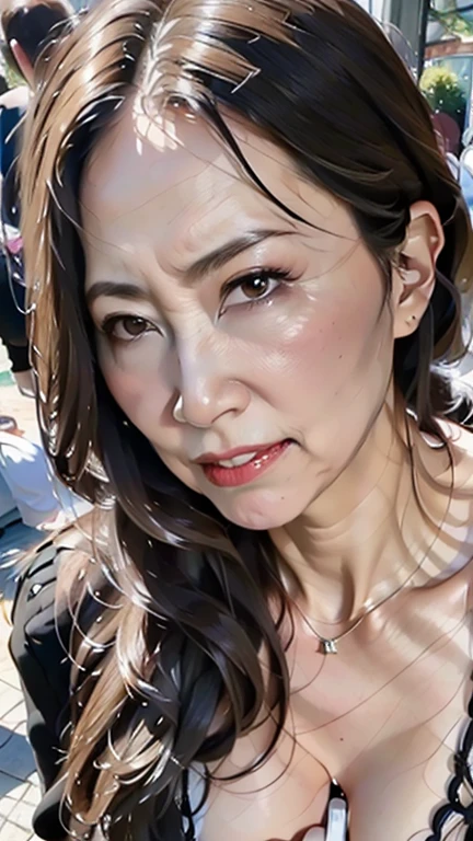 nsfw:1.4、(a masterpiece portrait of a woman with ultra detailed features, in 8K resolution, with crisp quality and vibrant colors),  sharp focus 、(from above, upper body, look at viewer),  my 50-year-old mother is standing right in front of me with a very angry face、Close distance、Mother's face at a distance where I can feel her breathing , Wearing glasses、(Costume:random)、(Hairstyle:random)、 squeezing my penis with both hands 、Her black hand is staring at me :1.8、