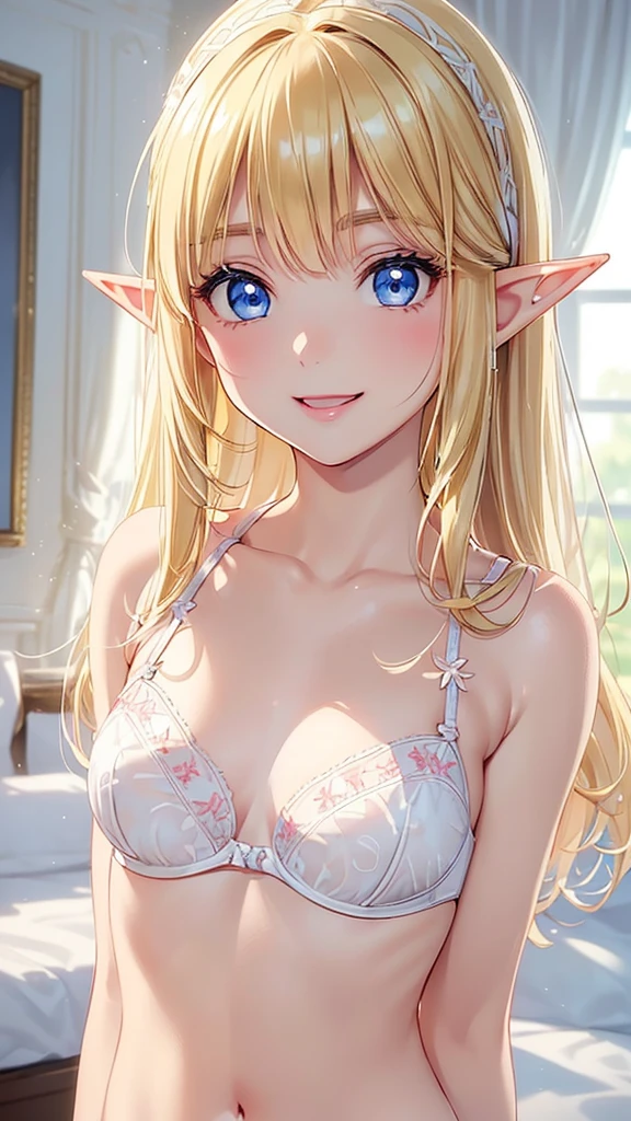 16k、masterpiece、High definition、High resolution、((Young Elven Woman))、((Beautiful white skin))、Small breasts、((Beautiful blonde))、Semi-long hair、((Beautiful Blue Eyes))、((Narrow eyes))、((Pointed Ears))、Grin、Pink lip gloss、blush、Sexy black lace bra、Sexy black panties with lace、Bedroom at night、Dark Room、Downlight、Lying on the bed、