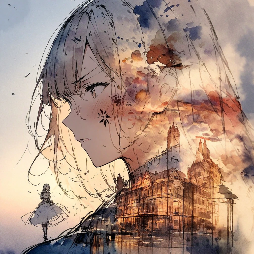 ((sketch:1.5)), ((watercolor:1)), Double Exposure of a Beautiful and Delicate Woman (The face is clear and perfect)image，Background、 Perfect Ultra Detailed Victorian Scenery , beautiful,  complicated illustration,  artwork concept artwork, break,(What a waste of time being angry ),