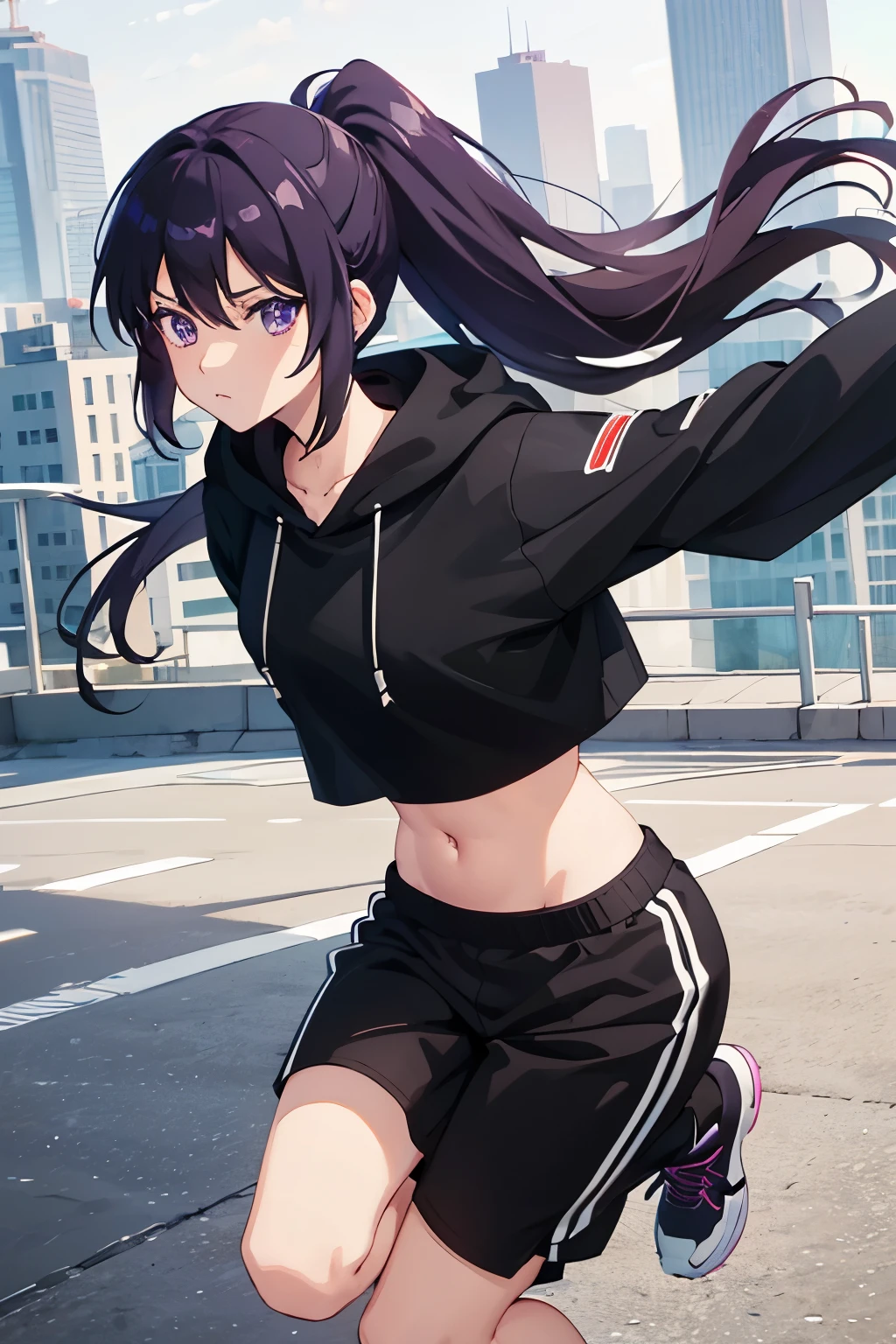 very good image, a cute beautiful anime tomboy girl, long black hair, ponytail, white crop top hoodie, white training pants, purple eyes, city(hd view), high quality, high details