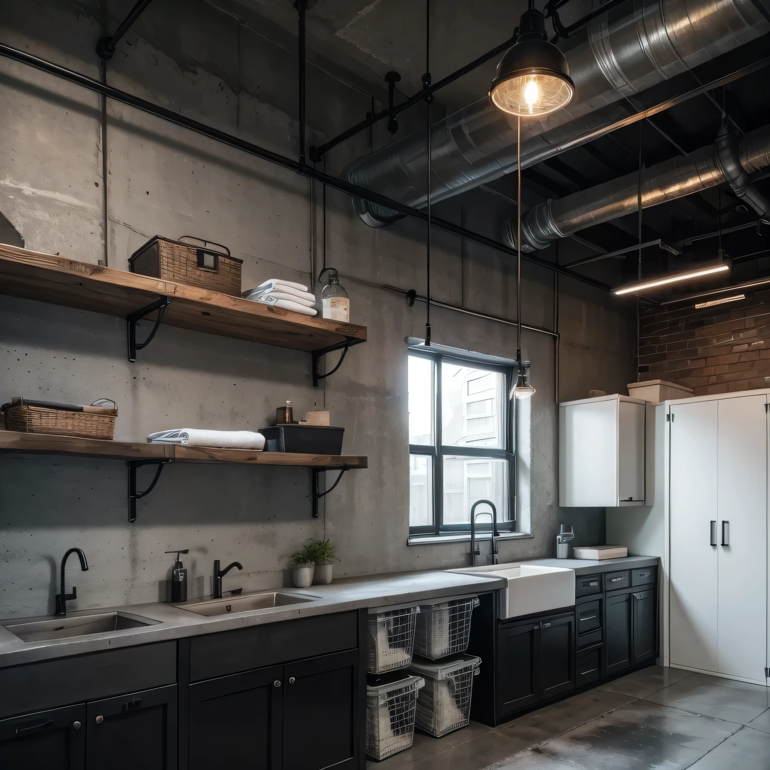 Photo inspiration: Gallery Detail: Industrial Style Laundry Room Exposed Concrete Walls Black Metal