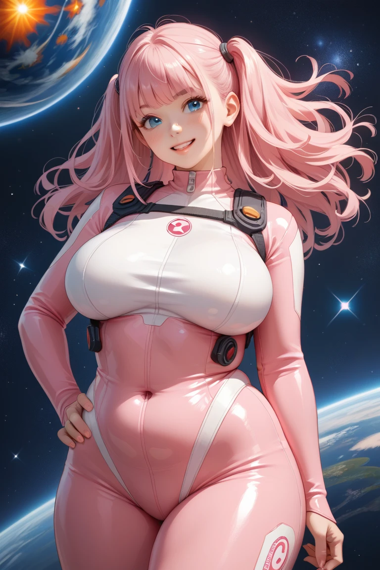 an anime girl with long pink hair, and blue eyes, wearing a pink pilot suit, she is fat and voluptuous, with large breasts, a cute plump tummy, wide hips, and a confident smile. she has one hand on her hip in front of a control panel on a space ship. high quality
