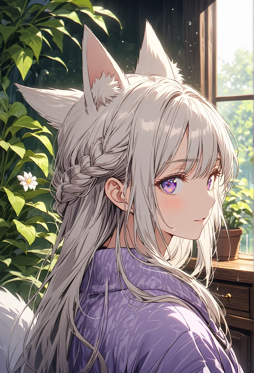 ((Portrait)) ((POV: Close Camera)) ((Flower pattern ornament)) ((Motherly expression)) ((Alone)) Create an anime-style image of Aiko, an elegant fox girl with a graceful aura. She has long, white hair styled in a side braid, soft, fluffy fox ears, and light purple eyes that radiate warmth and kindness. Her expression is gentle and slightly mischievous, conveying both confidence and a caring nature. She is dressed in a casual, cozy outfit perfect for a day at home, like a loose, soft sweater in a warm, earthy tone, paired with comfortable lounge pants. Emphasize her graceful figure, big breasts, and mature demeanor, highlighting her caring, protective nature alongside a hint of playful mischief. Set the scene in a cozy, vintage-style room filled with greenery. The room is warmly lit by an hanging bulb that casts a soft, golden glow over vintage furniture—a wooden table with a few open books, a patterned armchair, and an old floor lamp with a fabric shade. Several potted plants and trailing vines decorate the room, adding lush green accents. Through a large window beside Aiko, a beautiful garden can be seen, with rain gently falling outside. Raindrops trickle down the glass, creating a soft, blurred effect that gives a sense of tranquility to the scene. The garden is lush, with flowers, greenery, and hints of wet stone paths, all softened by the mist of the rain. Aiko gazes out the window, enjoying the peaceful ambiance as the rain enhances the cozy, vintage setting indoors. Use a depth-of-field effect to keep Aiko in sharp focus, with the rainy garden and window softly blurred, adding depth and a soothing, serene atmosphere to the image.