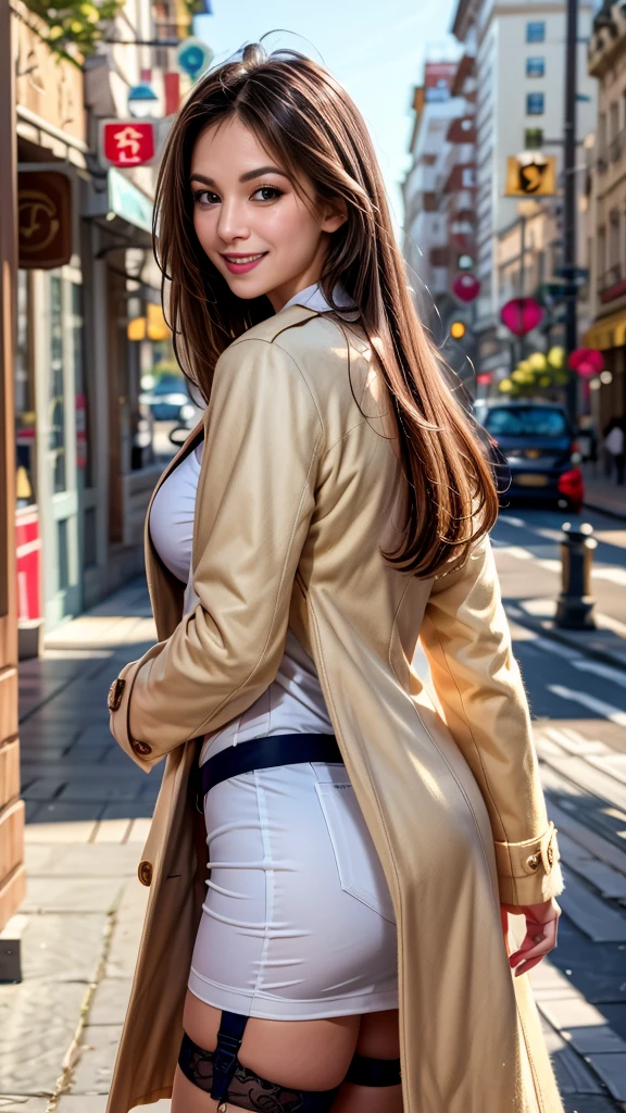 ( Highly Detailed CG Unity 8k Wallpaper, Best Quality, Super detailed,  high definition, masterpiece, Realistic, photoRealistic:1.5), (cute girl), Wow、Exercise、Mary R .,  high-definition face ,  face focus ,  attention to beautiful details,  times, (  detailed background  ), Detailed costume,  high definitionの肌, ( she is wearing a nice colorful garter:1.5), ( is wearing a fluffy, colorful coat :1.5), ( Beautiful city background:1.5), Midi Wave Hair, Brown Hair, Floating Hair,  middle of chest, Moderate ASS, (Compensate), (Adorable smile:1.3), (throw:1.6),Big Breasts, Mary R . 