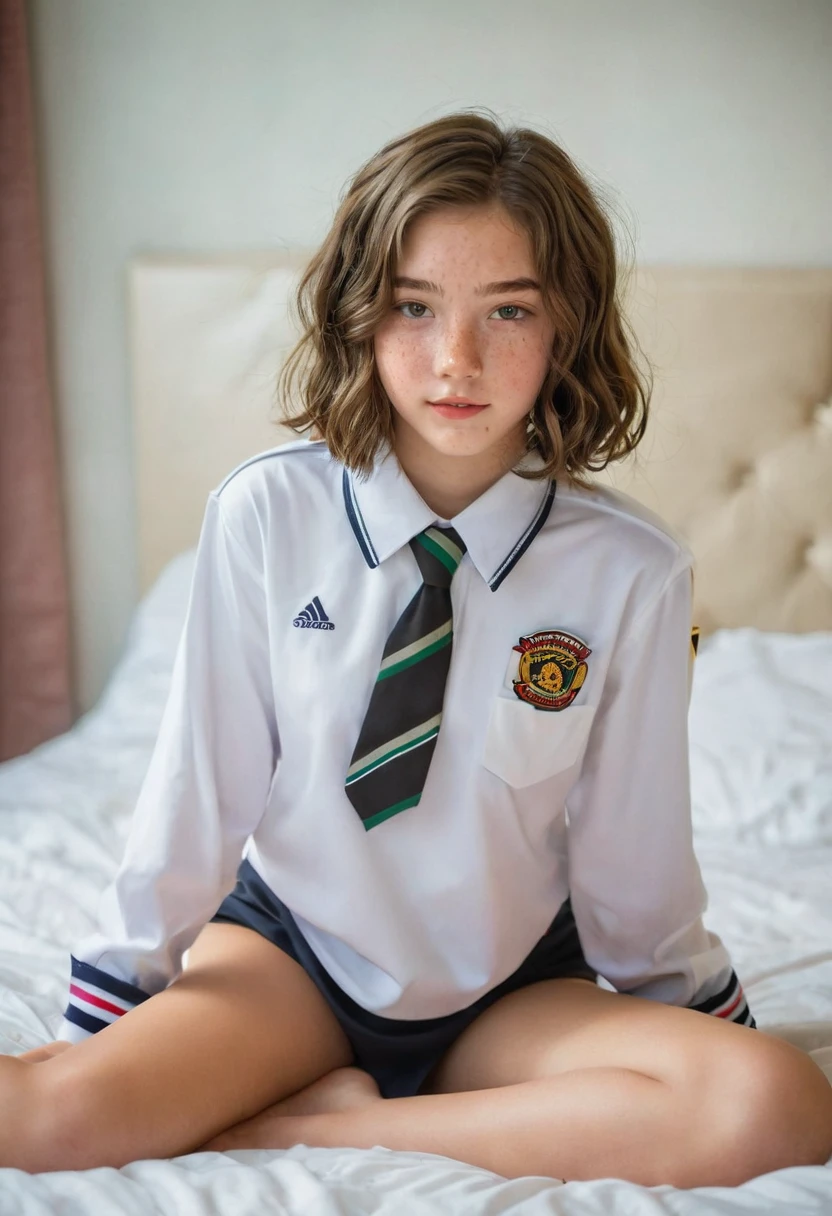  young **-****-*** teenager  , European ethnicity ,  Chin-length bob hairstyle  , wavy brown hair with a perfect face , with freckles, wearing a sexy high school uniform , G string,  Full body photo  ,  showing a lot of skin  , lying on a bed