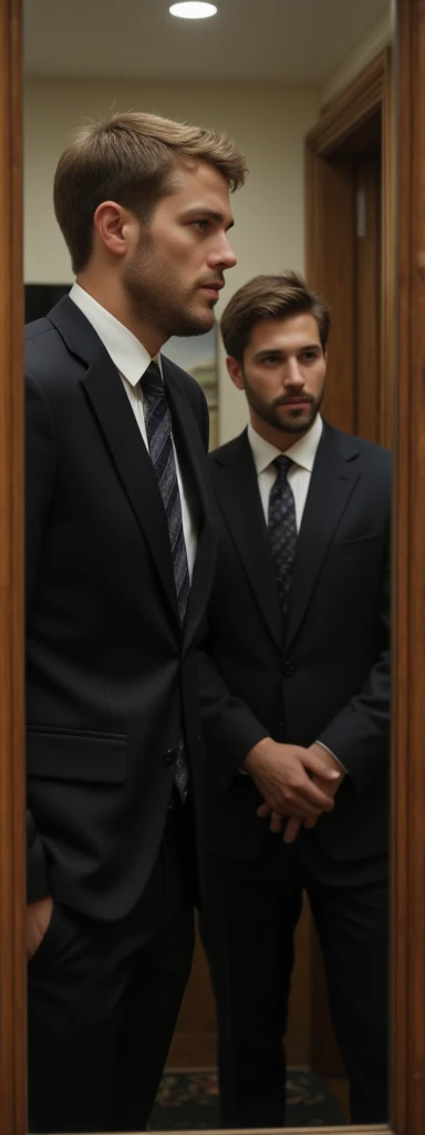 men in suit looking at mirror