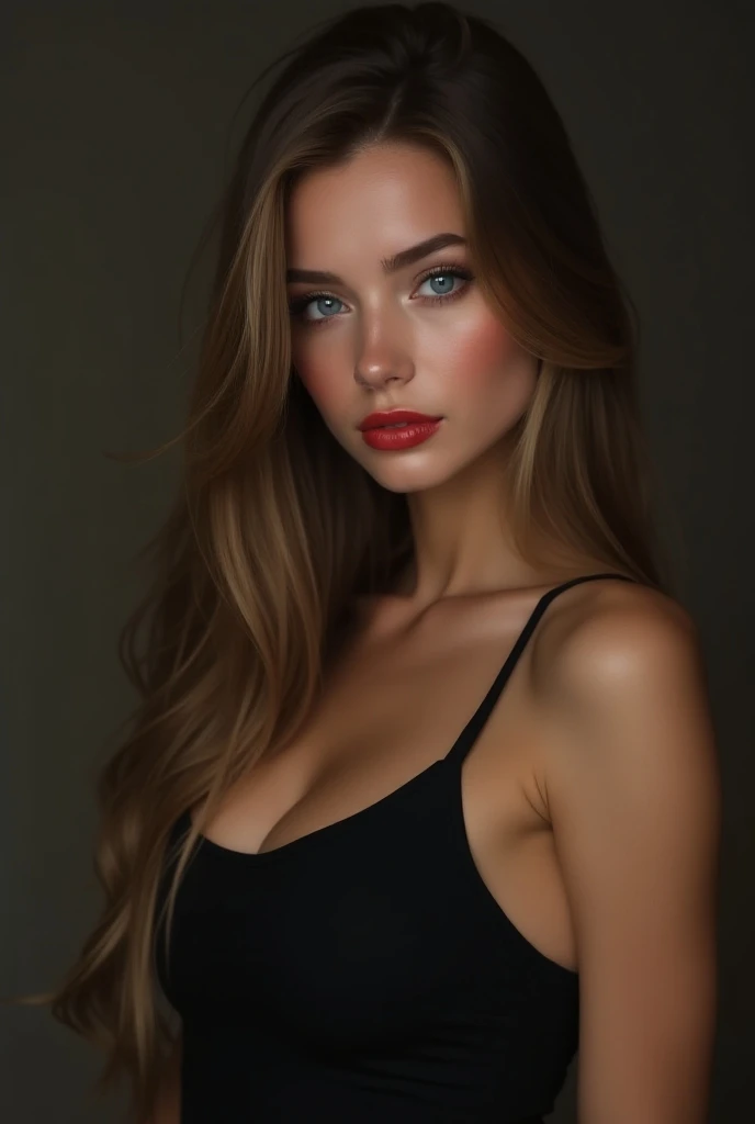 You can create the image of a woman with long hair, coffee and wavy, with clear eyes and thick red lips, with a black v costume

