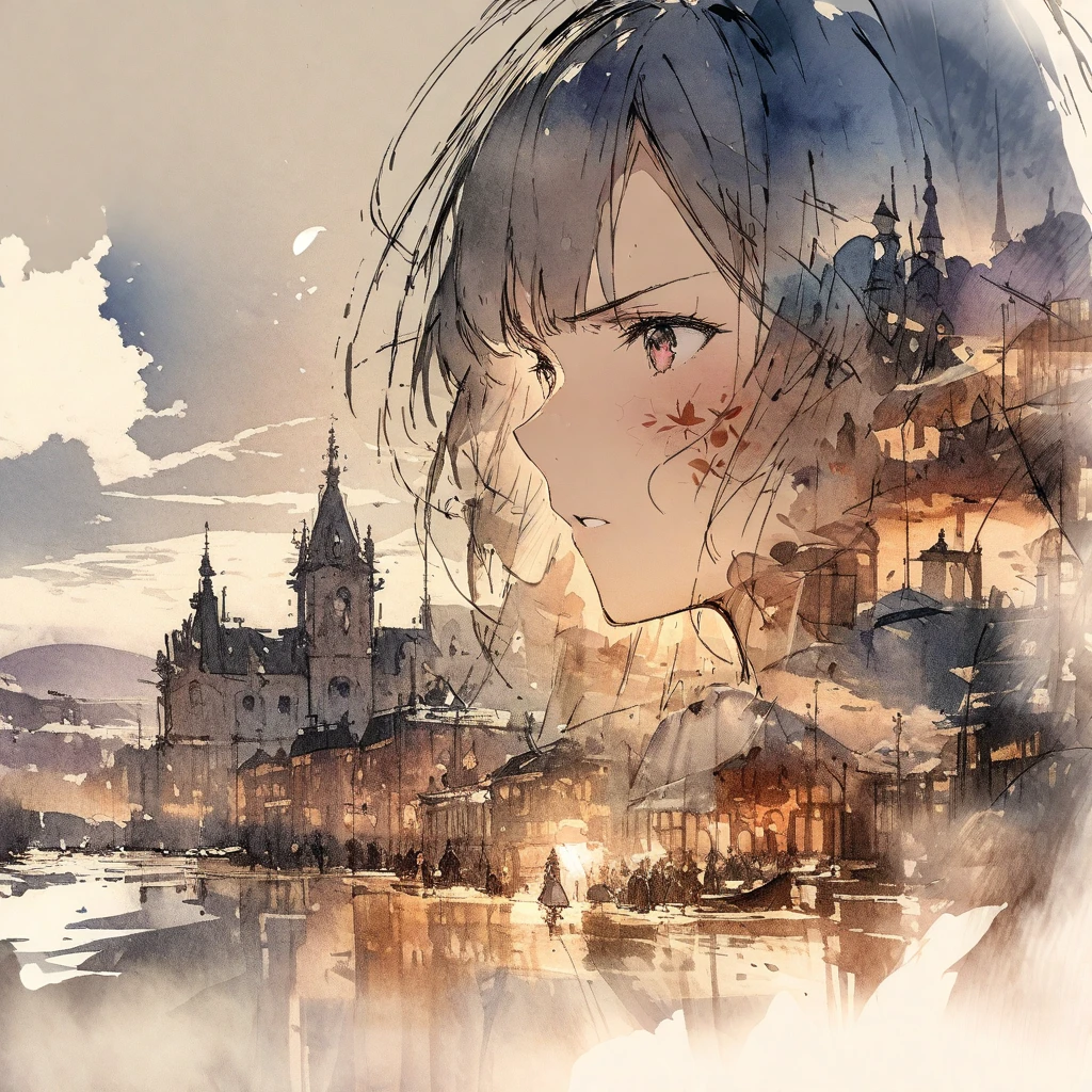 ((sketch:1.5)), ((watercolor:1)), Double Exposure of a Beautiful and Delicate Woman (The face is clear and perfect)image，Background、 Perfect Ultra Detailed Victorian Scenery , beautiful,  complicated illustration,  artwork concept artwork, break,(What a waste of time being angry ),