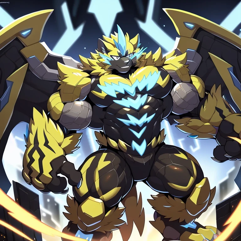 (ZERAORA, 8K), (Zeraora's giant robot, Powered exoskeleton with the same design as Zeraora), (Masterpiece, highres) (Detailed head, Detailed Body, Detailed abs, full body) (gigantic muscles, Gigachad Muscular, big muscle, pecs, triceps, traps, unusually developed muscular body, body full of huge muscles. showing off muscles, pectorales enormes, Exaggeratedly huge muscles.) (nj5furry, The claws are sharp, Sharp teeth, sharp claws), (long legs), (Spread wings, It has wings, have big wings, golden wings),(It has wings, whole body shines like metal, Wearing cyberpunk mecha, emphasizes the muscles, suit fully made of metal, intricate armor, Robotic suit, suit fully made of metal, cyborg), menacing pose, An arrogant expression. destroying city. Author: Takemoto Arashi, (1 boy)