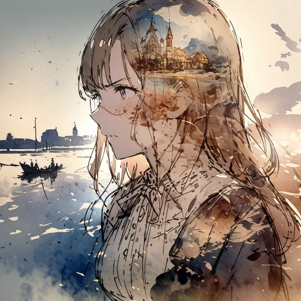 ((sketch:1.5)), ((watercolor:1)), Double Exposure of a Beautiful and Delicate Woman (The face is clear and perfect)image，Background、 Perfect Ultra Detailed Victorian Scenery , beautiful,  complicated illustration,  artwork concept artwork, break,(What a waste of time being angry ),