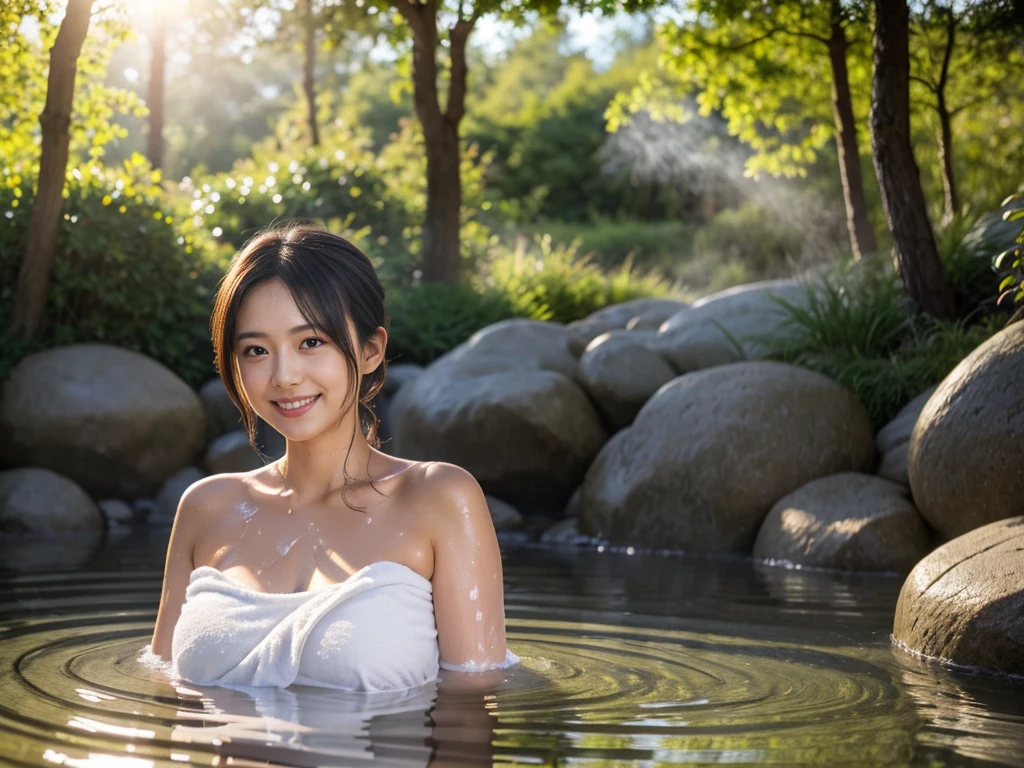 (8k, RAW photo, photorealistic, HQ, masterpiece), solo, a cute Japanese woman, (glowing eyes), 
(light smile), ponytail, (Soaking in a large outdoor bath), (Wrap a bath towel around body ), ( Get in the hot water until breasts are covered), huge breasts, ( Sweating:1.4), 
(outdoor very large bath in the woods, Lots of steam, open air Onsen, rotenburo ), Depth of field rally background, backlighting, 