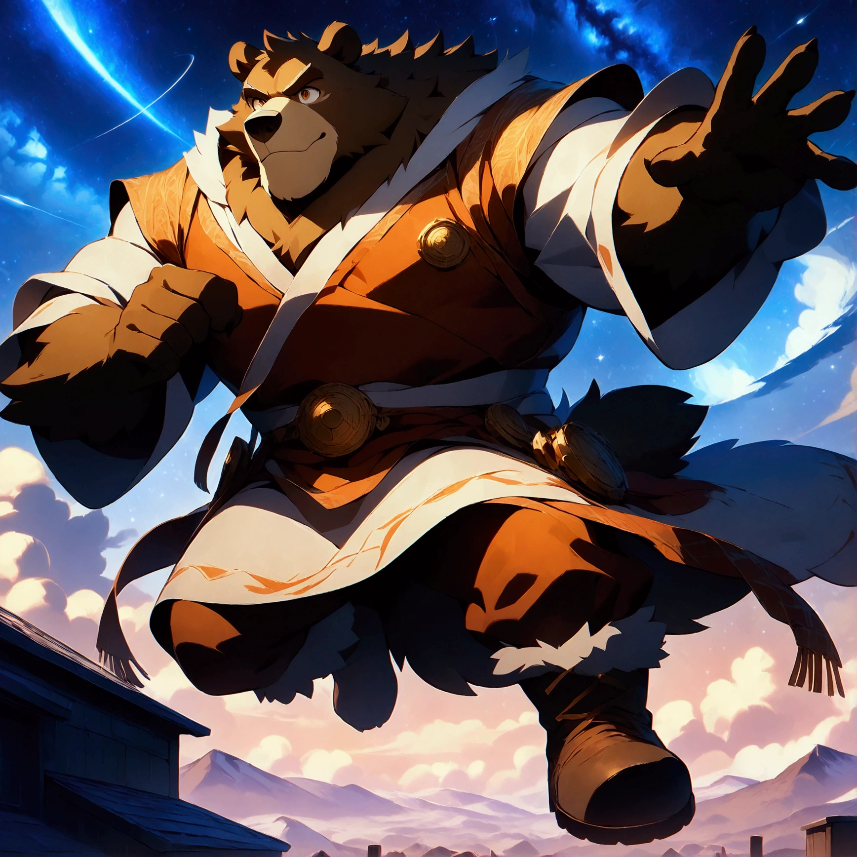 character focus, full body, looking away, dynamic angle, astrologer, middle-aged bear man, little smile, costume clothes, robe shirt, half pants, boots, standing arms rised in the air, searching for stars, dynamic pose, BREAK full body in Michelangelo Buonarroti style, housamo style, digital illustration anime, detailed painting landscape, planets floating in space, milky way, starry sky, astronomical observatory, outdoor, full color, HDR, BREAK complete anatomy, perfect proportions, beautiful thigh gap, fluffy body, intricate fur details, beautiful fur texture, BREAK a detailed bear 1tail, detailed boots, detailed foot, detailed hands, 5fingers, 5fingers nails, BREAK aesthetic anime face, insanity detailed face, male face, big face, square jawline, aesthetic anime eyes, detailed brown eyes, detailed brown cornea, detailed dark brown irises, detailed pupils, male eyes, big eyes, male eyebrows, innocent look, beautiful beard, BREAK masterpiece, official art, best quality, very aesthetic, absurdres, super fine illustration, great quality, BREAK noise reduction, very highres, large filesize, high quality, 32K, 8k wallpaper, dynamic lighting, BREAK insanity detailed, ultra detailed, intricate details, extremely detailed, detailed texture, an extremely delicate and beautiful, BREAK e621 illustration, osukemo, kemohomo, anthropomorphic, furry, cartoon, harmonious, pastoral face, virtuous eyes, academic atmosphere 