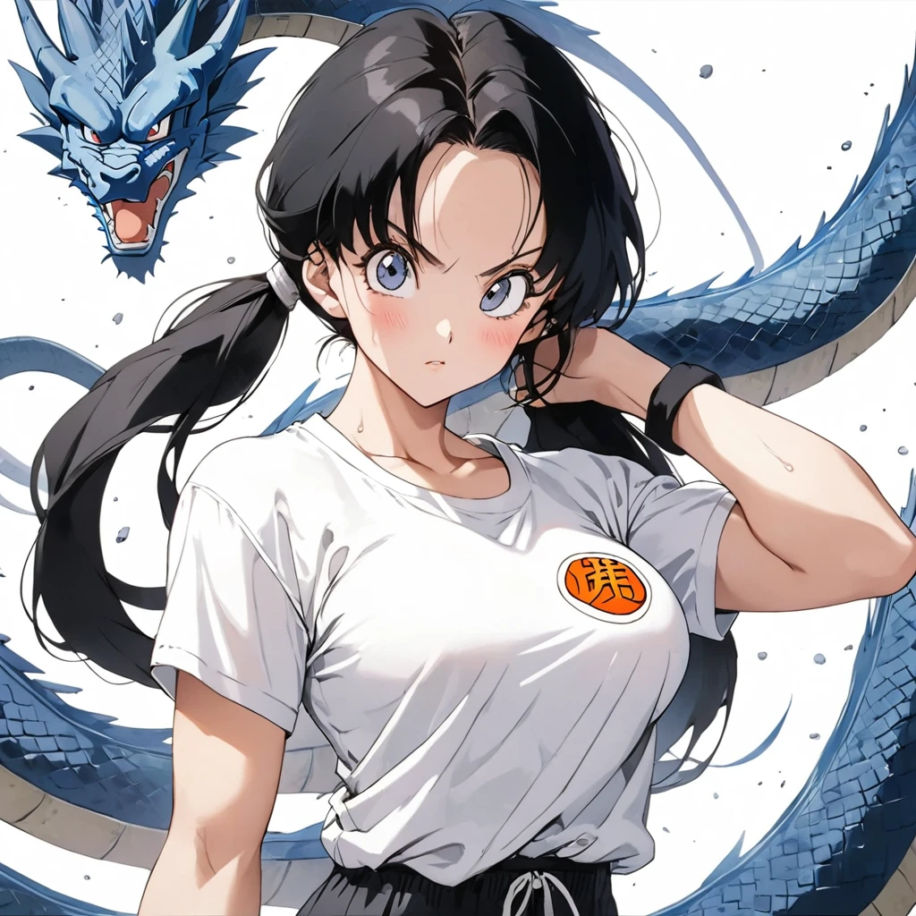 masterpiece, Highest quality, High resolution, (Videl),(Dragon Ball),1990s \(style\),C cup beautiful breasts、height: 160cm,Sweating all over the body,athlete Muscular,sexy,solo,Anime-style painting style, Black Hair,Twin tail hair、Big eyes、Cool look,Pointed Eyes,White short sleeve T-shirt,Composition focusing on the upper body,blush,Showing cleavage,Anime-style painting style,,A composition that shows the whole body,Captivating look,Seductively Posing,{{{white simple background}}}