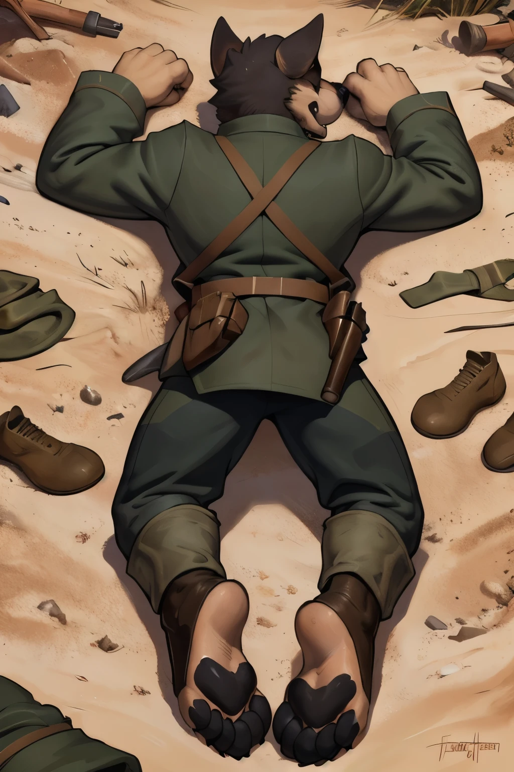 (ultra quality):1.4, color, smooth comics style, (by takemoto arashi, by meesh, by Taran Fiddler), solo:1, (defeat)) ((blackfeetsoles)) ((black feetsoles)) ((knockout face)) did a german shephard in the german soldier uniform without shoes. He is dead in the trench, lying on the back, closed eyes, tonque stuck out of the mounth, defeated on the floor after a fight, exhausted, closed eyes, tonque out of the mounth , ((feet focus)) fluffy tail. Battlefield (uniform germans world war 1)) ((world war 1)) ((ww1)) ((black feetsoles)) ((black pawpads)) (five toes) 5toes, 5finger
