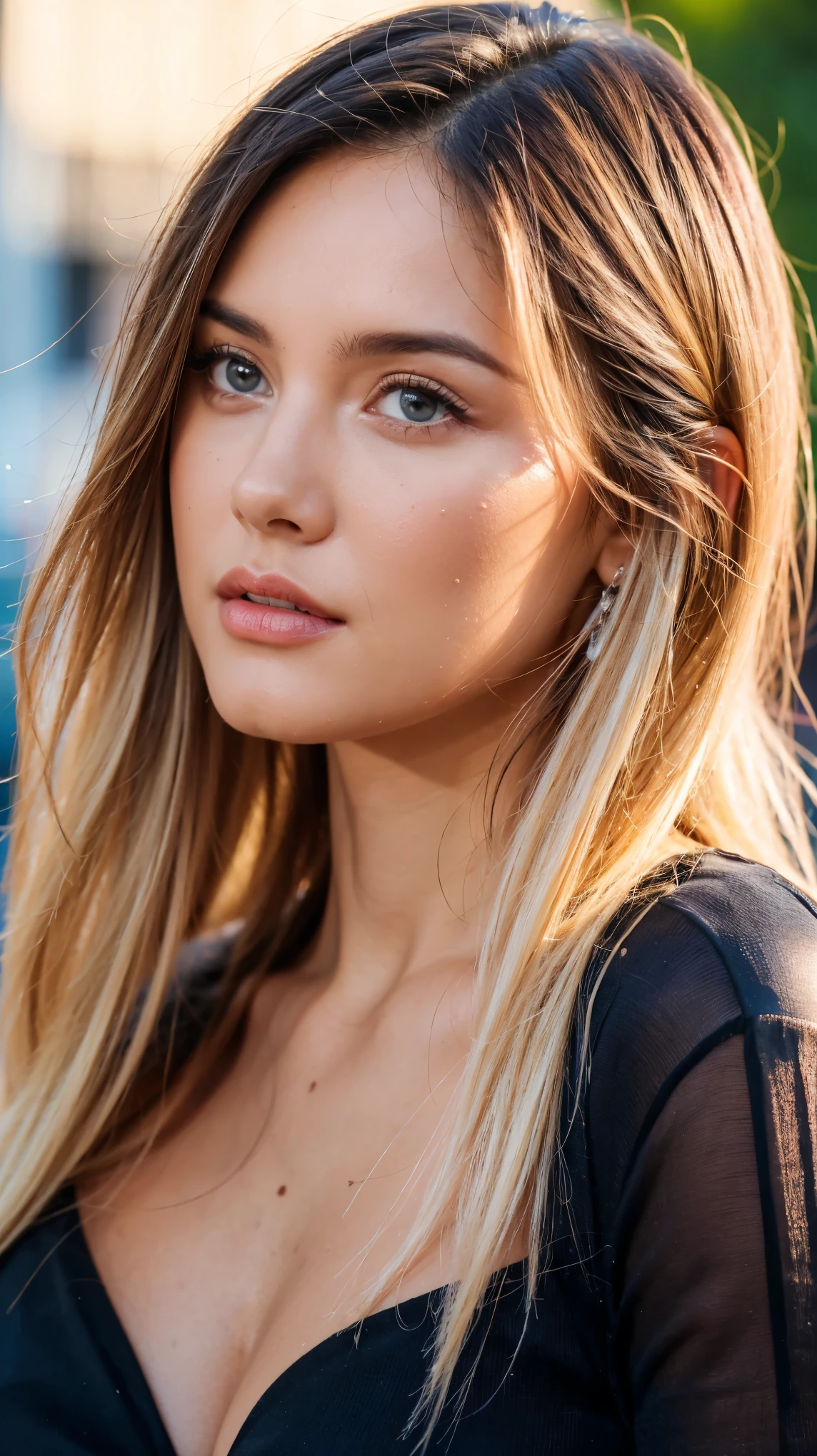 1girl, beautiful detailed eyes, beautiful detailed lips, extremely detailed face and portrait, natural skin, wearing deep v-neck hot sexy blouse and puta dress, charming long black hair, (blonde hair tips), city street background, bokeh, full body, large breasts, (best quality,4k,8k,highres,masterpiece:1.2),ultra-detailed,(realistic,photorealistic,photo-realistic:1.37),vivid colors,studio lighting