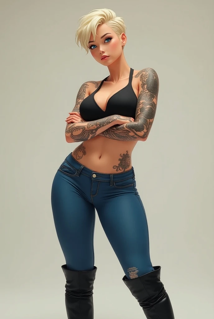 A heterosexual blonde girl with pixi short hair and big breasts and tattoos on arms and chest very feminine, full figure with her arms crossed standing, sports bra, blue jeans knee high boots, taking a realistic photo
