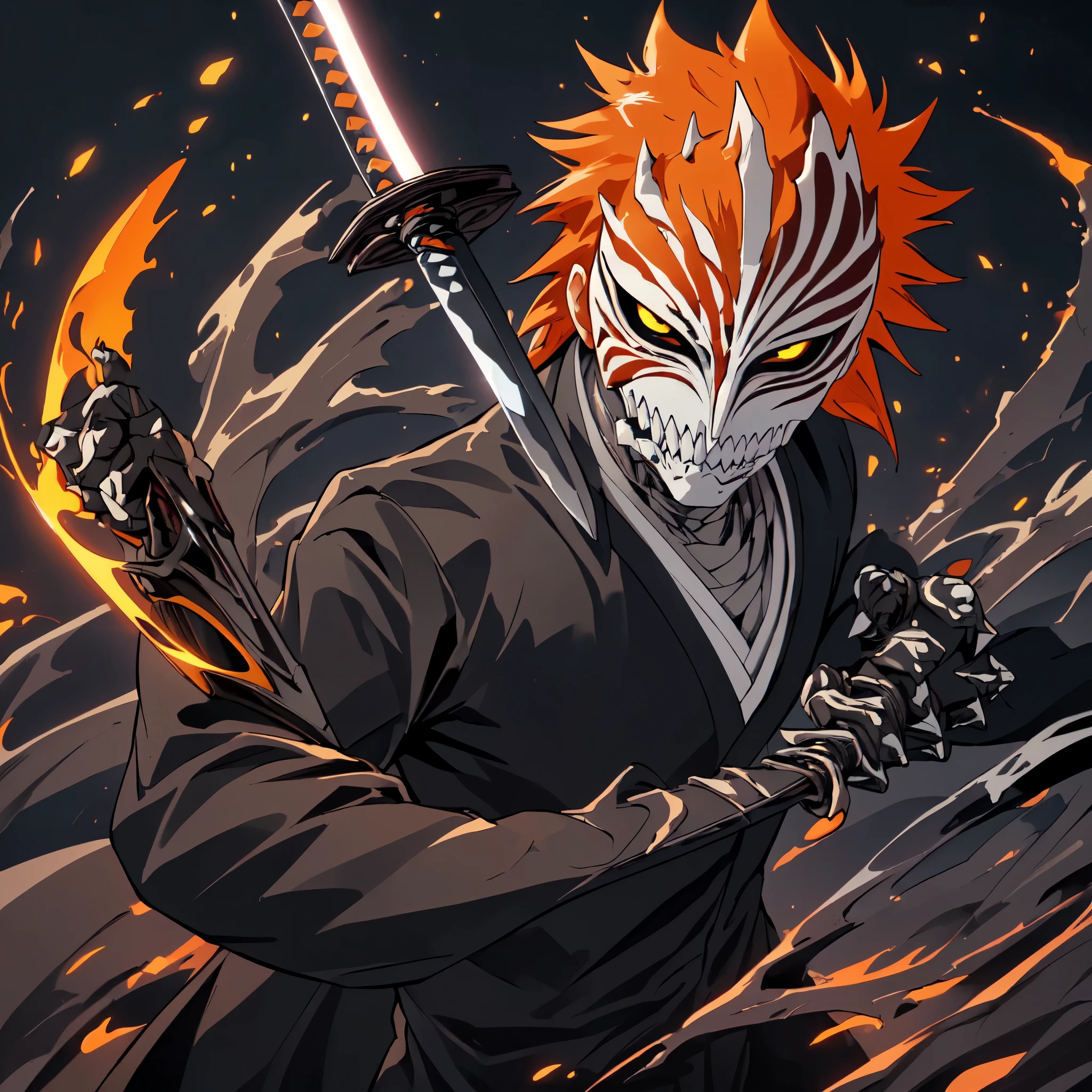 ((best quality)), ((masterpiece)), (intricate details, hyperdetailed:1.15), 35mm, bokeh, (perfect face, highest detailed face), (action shot, mid-angle shot), hollow mask ichigo, colored sclera, mask, black sclera, orange hair, looking at viewer, long spiked hair, (hollowfication, liquid mask:1.3), glowing eyes, spiky teeth, looking at viewer, (hailoknight, Solo, 1girl, holding glowing katana infront of him, holding sword:1.4), looking at viewer, 8k, shiny, glow, (bloom), male focus, cinematic shot, in a desert with white sand, black sky, full moon