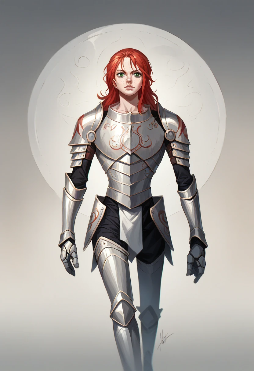 1 woman, One Piece art style, full plate armor, long red hair with a white streak, green eyes, freckles on face, Full body art, walking, detailed and beautiful face, highly detailed, 8k, masterpiece, photorealistic, vibrant colors, dramatic lighting, cinematic composition