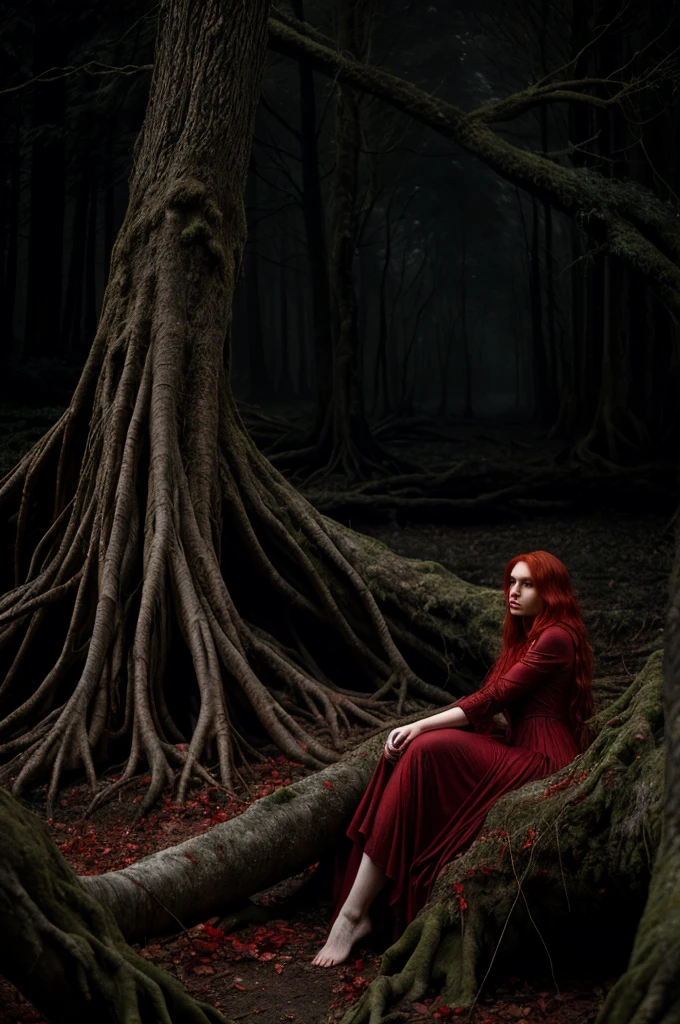 a red-haired woman in a flowing red dress, lying gracefully next to the gnarled, powerless root of a large ancient tree, dark forest setting, poor lighting, dense undergrowth, atmospheric, moody, detailed textures, cinematic composition, digital painting