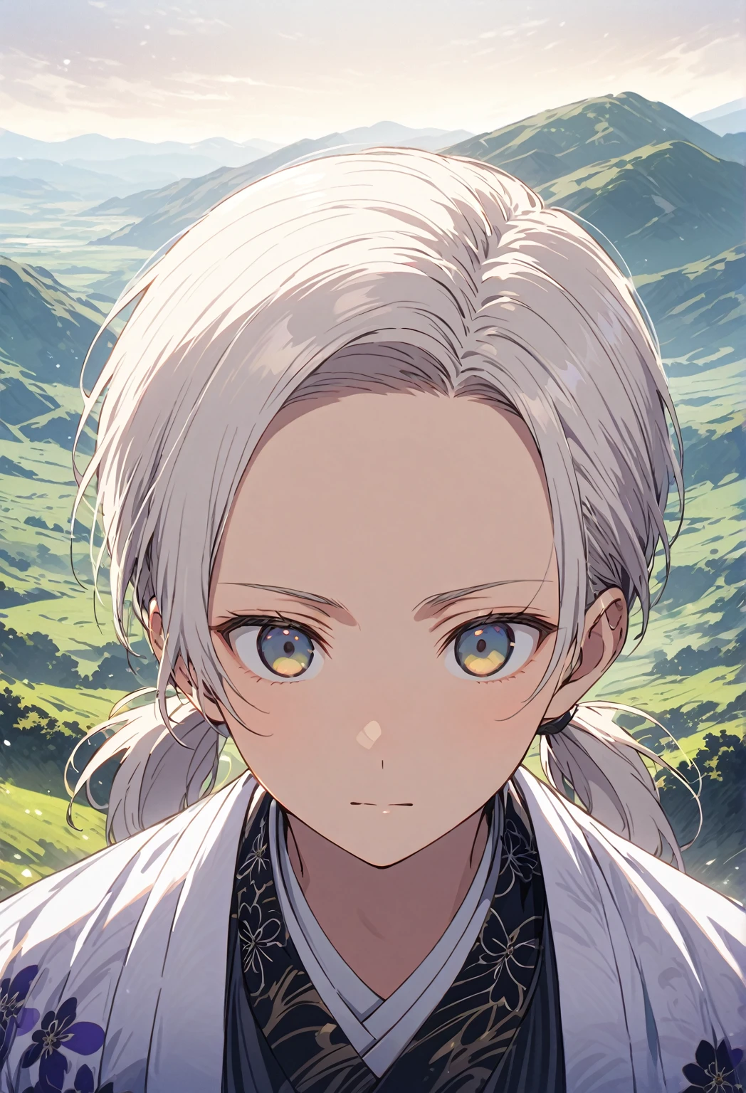 ((Portrait)) ((POV: Close)) (A Boy) (Warm Expression) Short pony tail white hair boy with white empty eyes, wearing a Japanese floral pattern haori. Standing in a empty vast flowery fantasy hilly landscape. Magical dusts are around. 