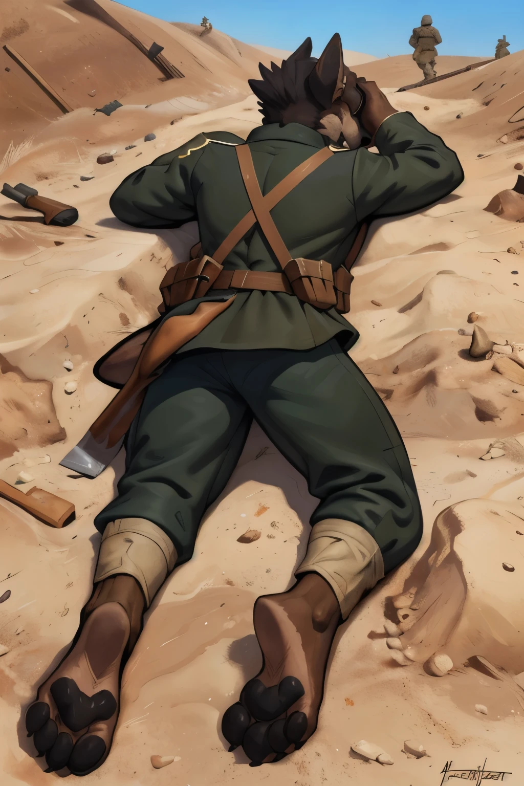 (ultra quality):1.4, color, smooth comics style, (by takemoto arashi, by meesh, by Taran Fiddler), solo:1, (defeat)) ((blackfeetsoles)) ((black feetsoles)) ((knockout face)) did a german shephard in the german soldier uniform without shoes. He is dead in the trench, lying on the back, closed eyes, tonque stuck out of the mounth, defeated on the floor after a fight, exhausted, closed eyes, tonque out of the mounth , ((feet focus)) fluffy tail. Battlefield (uniform germans world war 1)) ((world war 1)) ((ww1)) ((black feetsoles)) ((black pawpads)) (five toes) 5toes, 5finger
