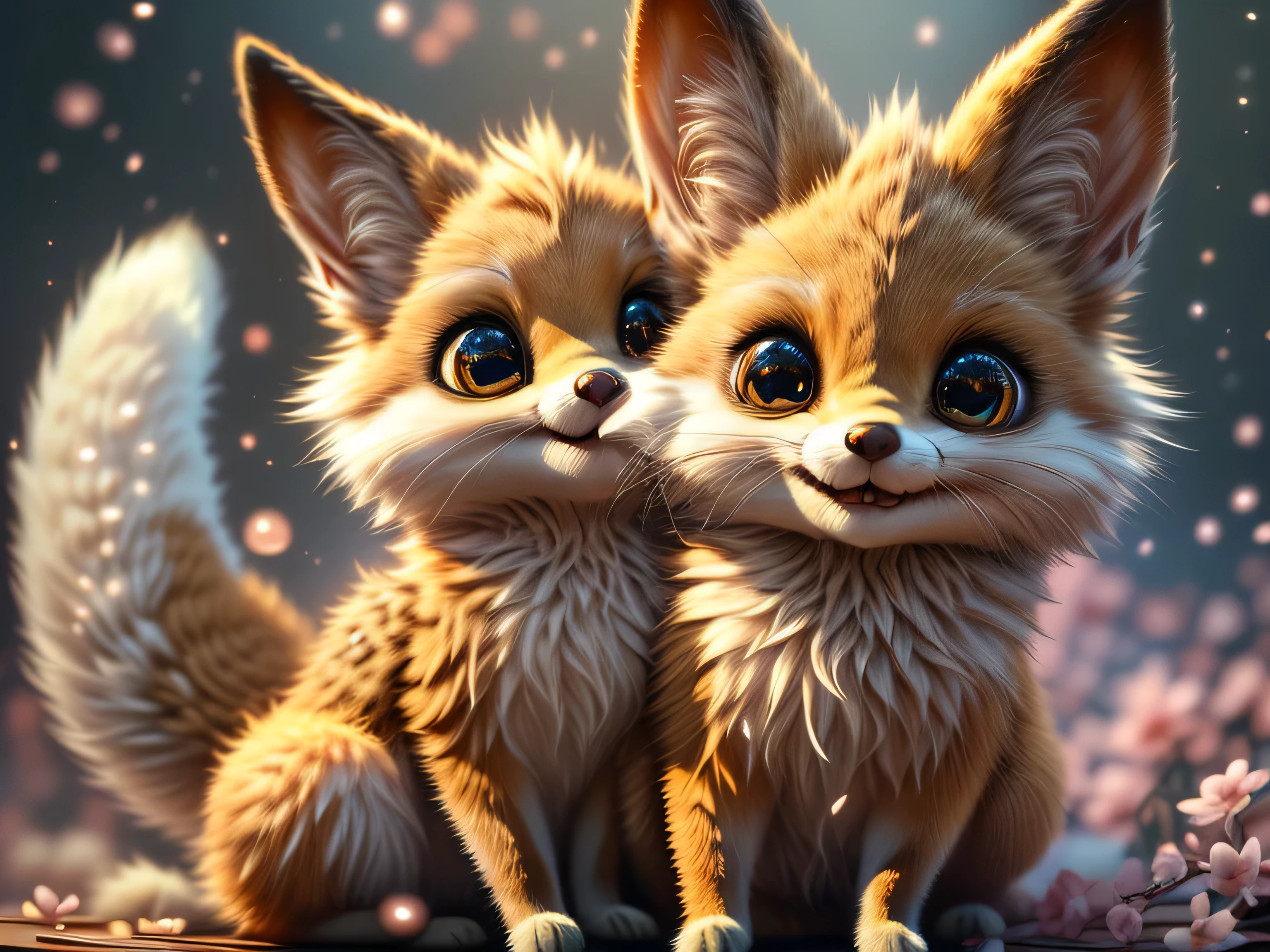 Magical Fantasy Creature, (Best Quality, Masterpiece, Representative Work, Official Art, Professional, Ultra Fine Detail, 8k:1.3), (Photorealism:1.2), Fox Spirit, Super Cute, Big Eyes, Soft, Delicate Nose, Fluffy, Two-Toothed Smile, Cute Fennec Fox Ghost, Realistic, Beautiful, Sparkling, Stars in Eyes, Star Pearl, Fox Lights, Soft Volumetric Light, (Backlight:1.3), (Cinematic:1.2), Intricate Details, (ArtStation:1.3), --auto --s2