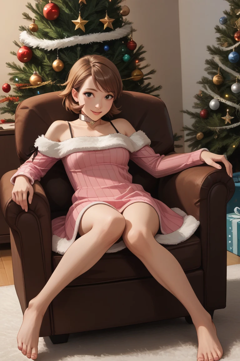 score_9, score_8_up, score_7_up, score_6_up BREAK  1girl, solo, yukariwinter, pink dress, ribbed sweater, fur trim, off shoulder, white choker, bare shoulders, on back, barefoot, full body, living room,  christmas tree, happy, armchair  