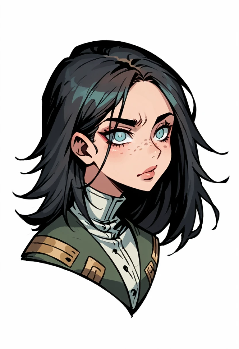 A unique, stylized manga artwork of a young woman with dark hair that has a subtle blue tint, parted in the middle and framing her face with a modern and bold look. Her thick, well-defined, slightly arched eyebrows give her a strong expression, complementing her large, light-colored eyes with long lashes and dramatic eyeliner for an intense gaze. She has a soft, oval-shaped face with subtle cheekbones, a delicate nose sprinkled with small freckles, and full rosy lips with the top lip slightly thinner than the bottom. The style incorporates a fresh, original aesthetic with an alternative, slightly edgy look, highlighting her serene yet striking personality in a visually distinct, manga-inspired art style. Whimsical. Profile view