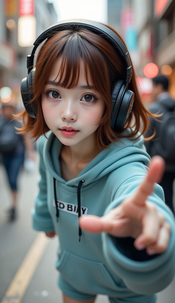 sonyの  headphonesを着用している:1.5、  headphones、  one girl doing a prank、Magical Girl、  COMPLETE ANATOMY 、  small face、Fuller lips、Brown Hair、Distinctive hairstyle、Dove Kyun's finger looks like 、Modern hoodie、  knee socks、((( blurry background、Street Corner、day々view of)))、  Inverted nipples 、 High image quality、 High image quality、   cinematic way to write 、 professional photographer 