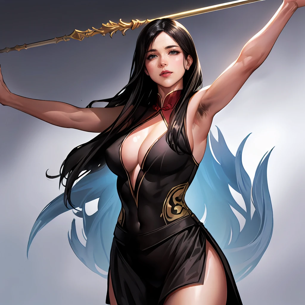 A woman who is,Wearing martial arts costumes,Long flowing hair,s delicate face,Bumpy figure,exposing her chest,Perfect hair details,Perfect facial details,A half body,with black background,Picture quality 4K