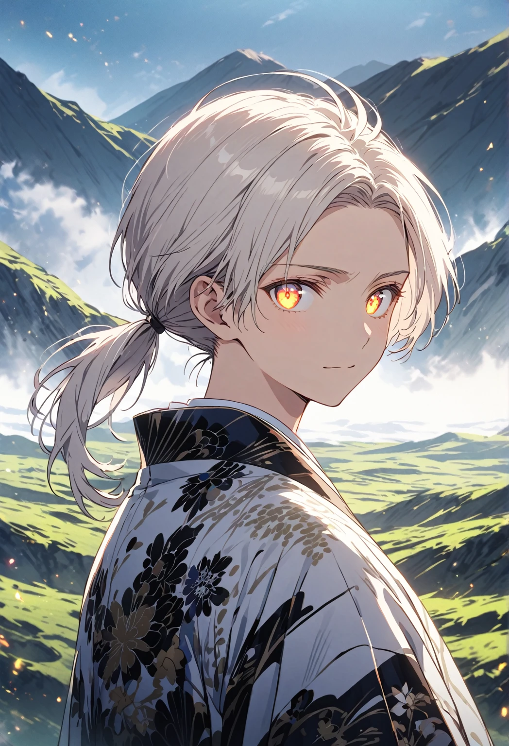 ((Portrait)) ((POV: Close)) (A Boy) (Warm Expression) Short pony tail white hair boy with white glowing eyes, wearing a Japanese floral pattern haori. Standing in a empty vast flowery fantasy hilly landscape. Magical dusts are around. 