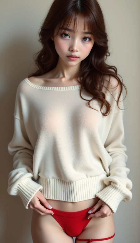 Best Quality、masterpiece、  one woman、shy:0.2、  insanely cute  、baby face、Beautiful grey eyes、Silky brown hair、  semi-long hair 、white long knit fabric  、  large size knitwear、  loose fitting knitwear  、Long braids、 Small breasts、Shapely breasts、  Healthy Thighs、Red Stockings、  garter stockings  、  uncomfortable stockings  、  panties、  COMPLETE ANATOMY、  Very Delicate Face  、Correct finger、